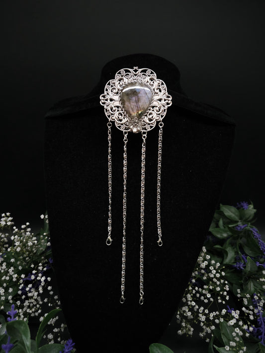 Art Nouveau Chatelaine Clip: Labradorite Stone, Costume Accessory
