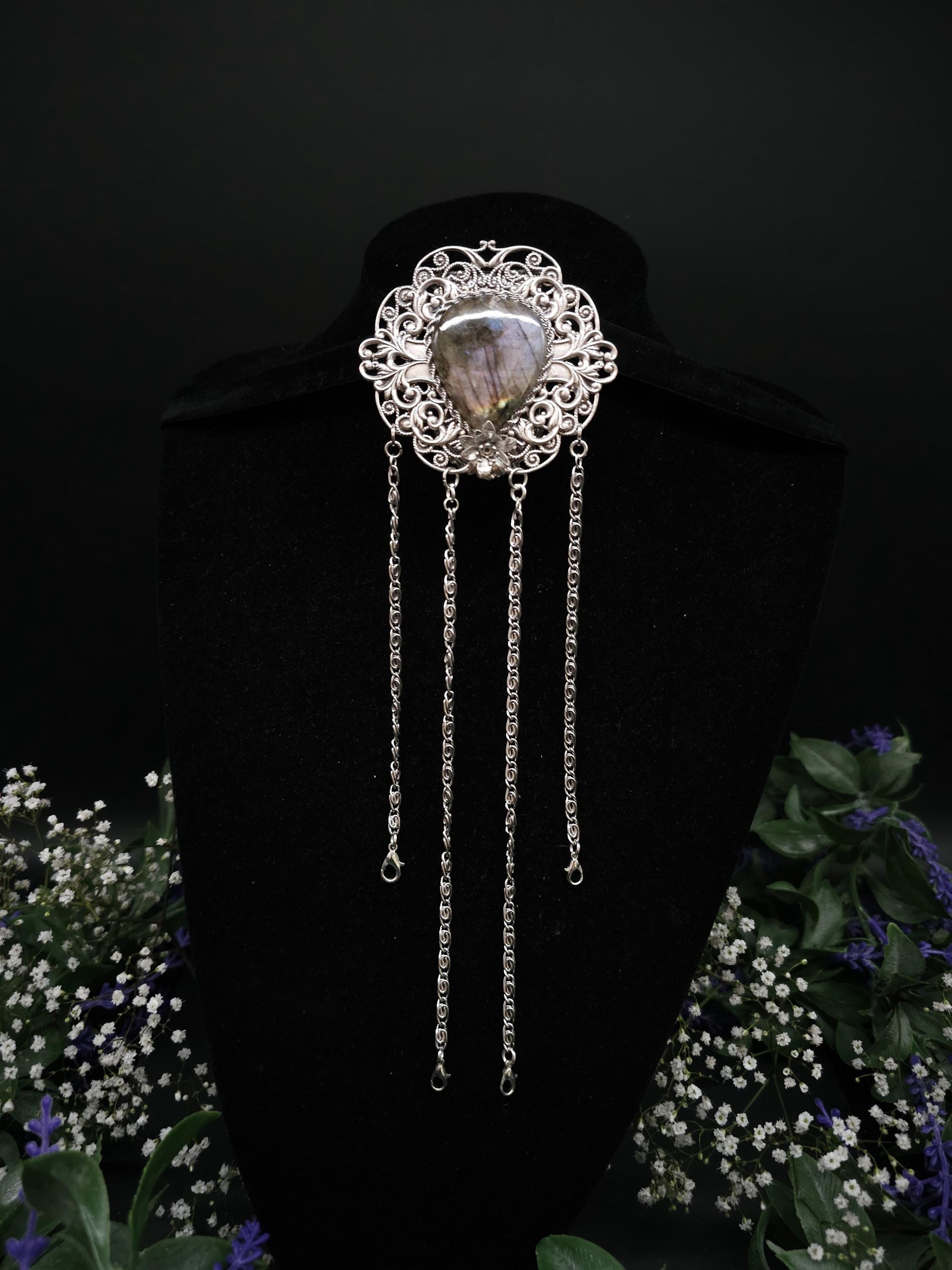 Art Nouveau Chatelaine Clip: Labradorite Stone, Costume Accessory