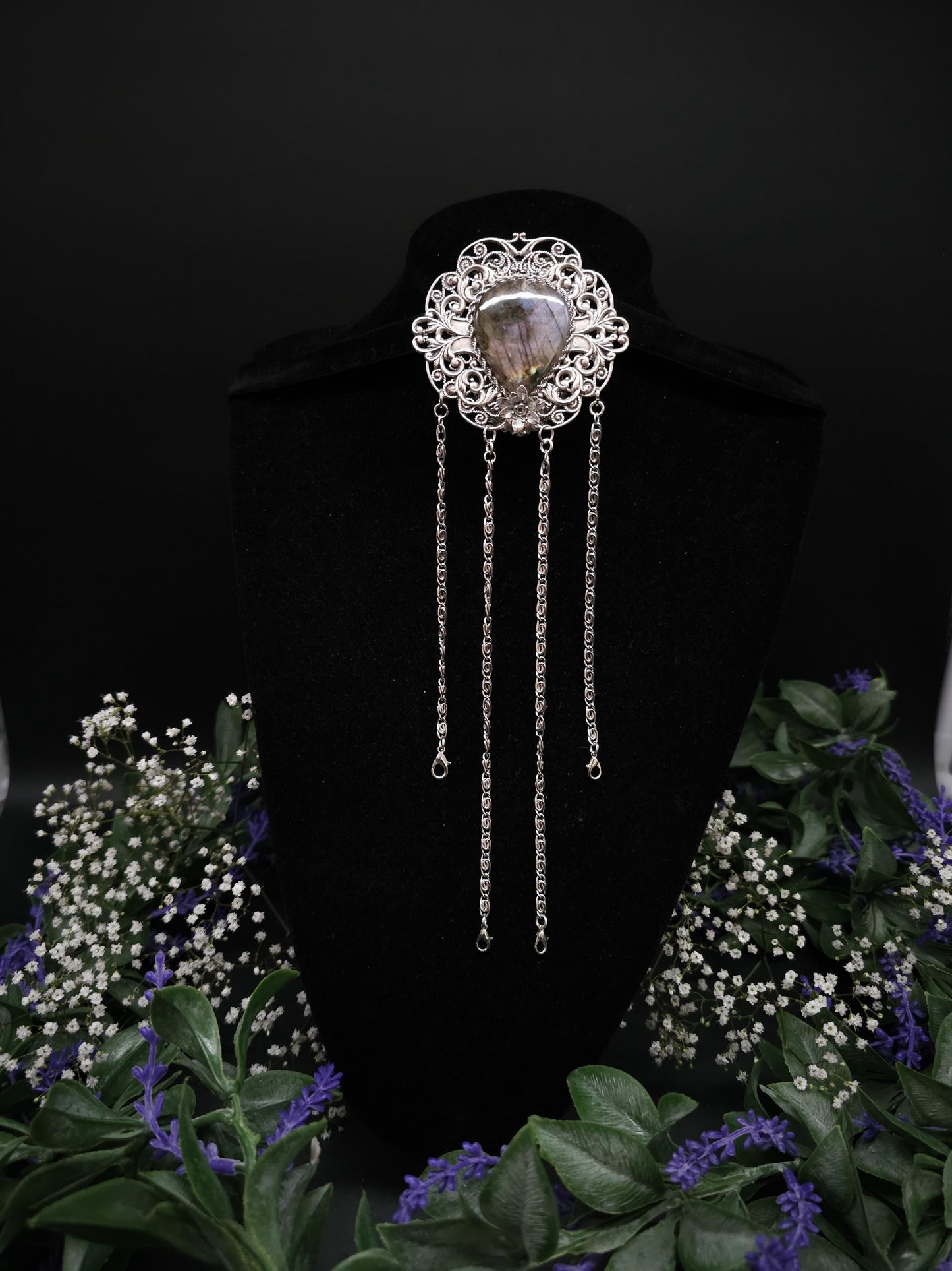 Art Nouveau Chatelaine Clip: Labradorite Stone, Costume Accessory