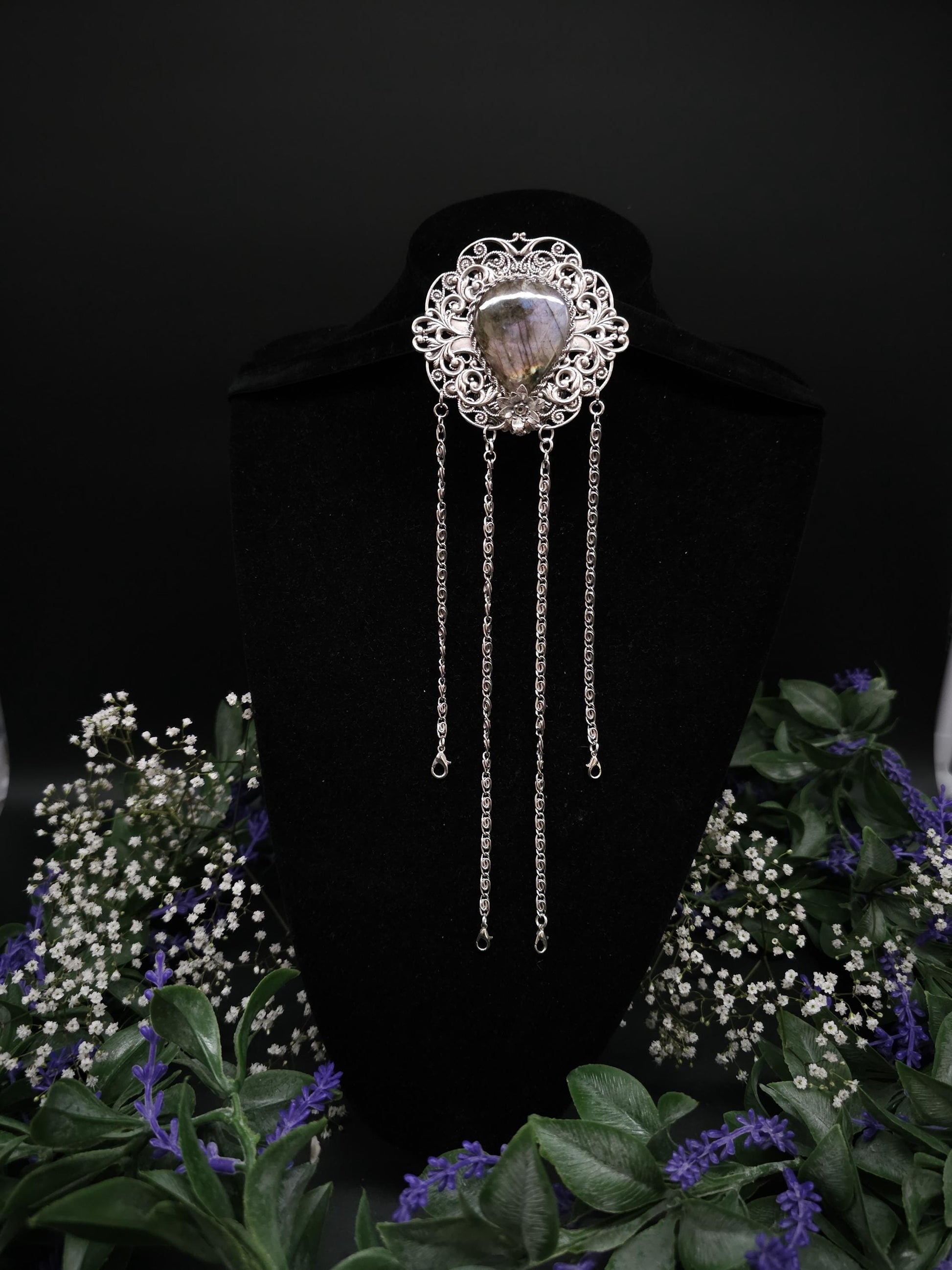 Art Nouveau Chatelaine Clip: Labradorite Stone, Costume Accessory