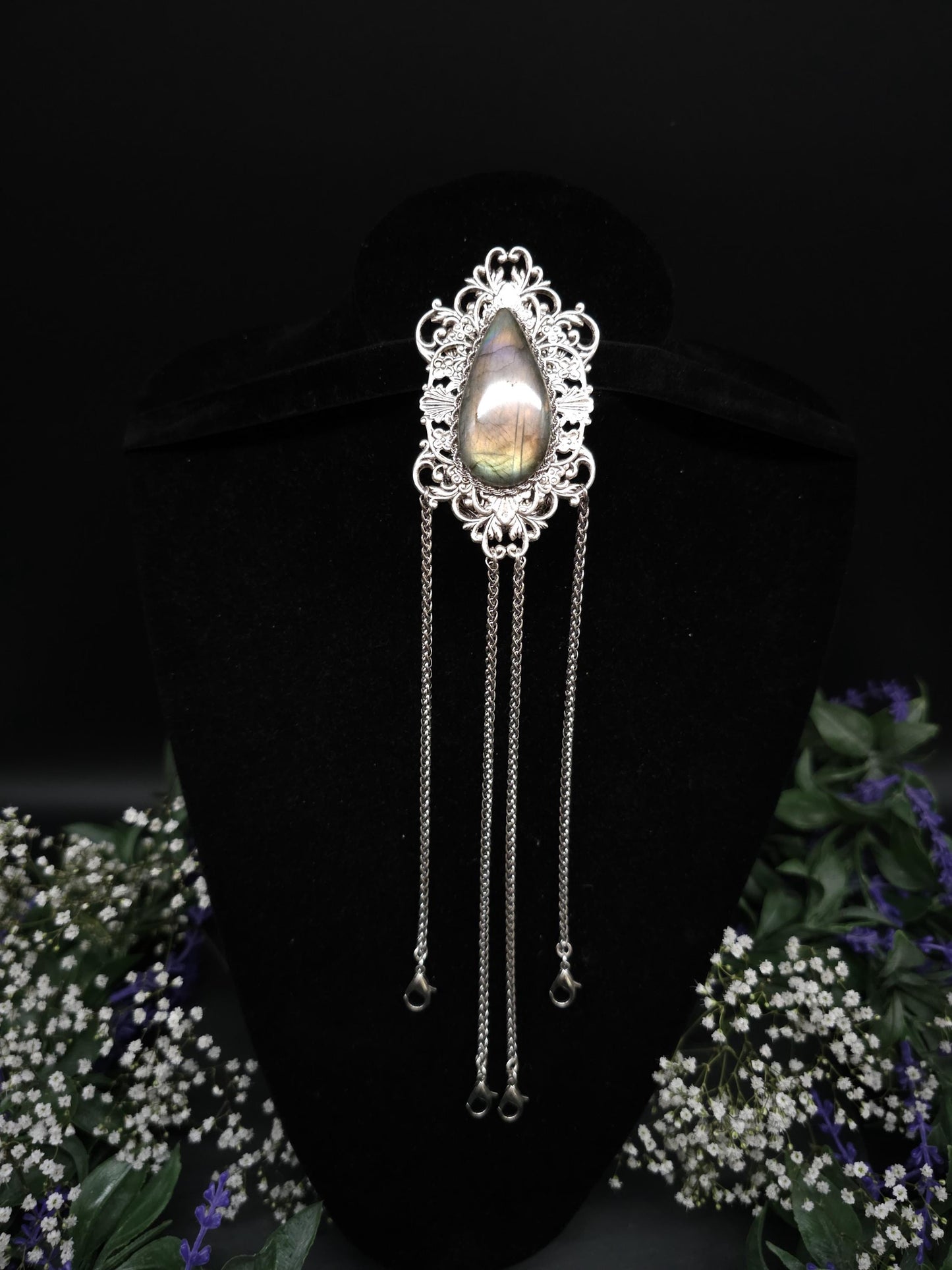 Art Nouveau Labradorite Châtelaine Clip: Handmade Costume Accessory