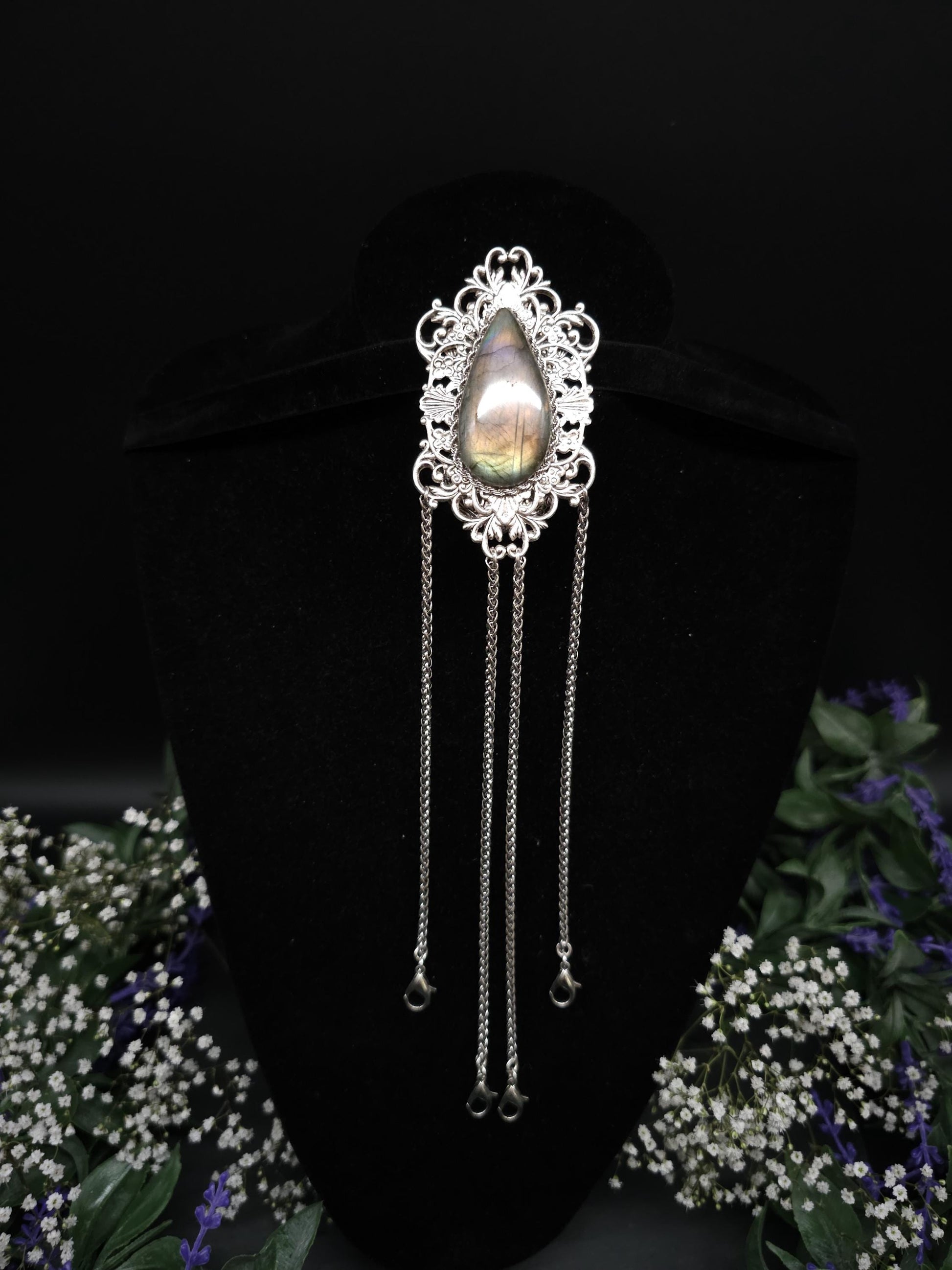 Art Nouveau Labradorite Châtelaine Clip: Handmade Costume Accessory