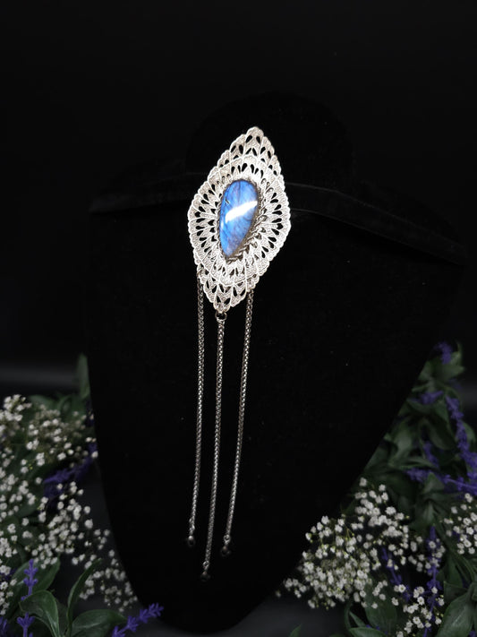 Art Nouveau Labradorite Châtelaine Clip: Rhodium-Plated Costume Accessory