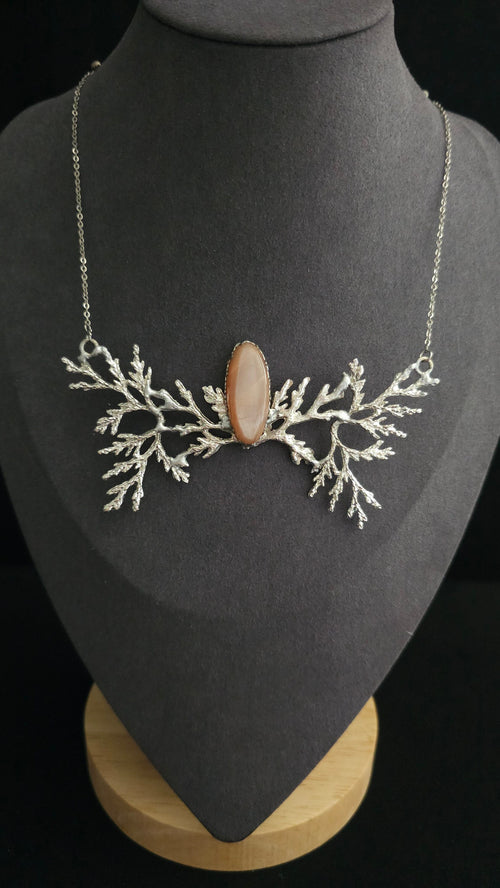 Branch Necklace with Peach Moonstone, Elvish Collier, Handmade Choker, Silver Fantasy Necklace