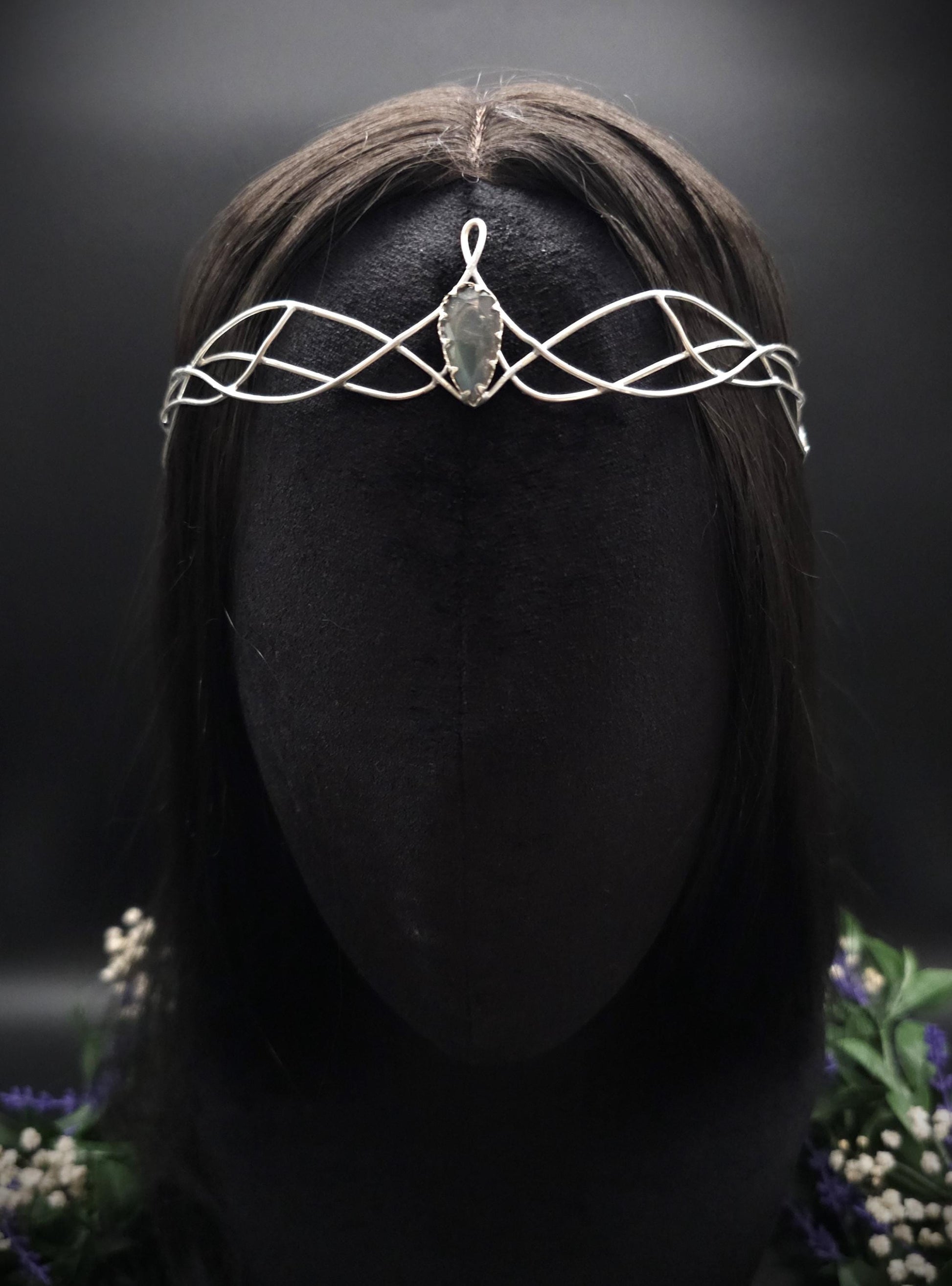 Versilbertes Diadem mit blau grauem Labradorit ~ Fantasy Kopfschmuck ~ Hochzeit & Braut-Krone ~ Größenverstellbar