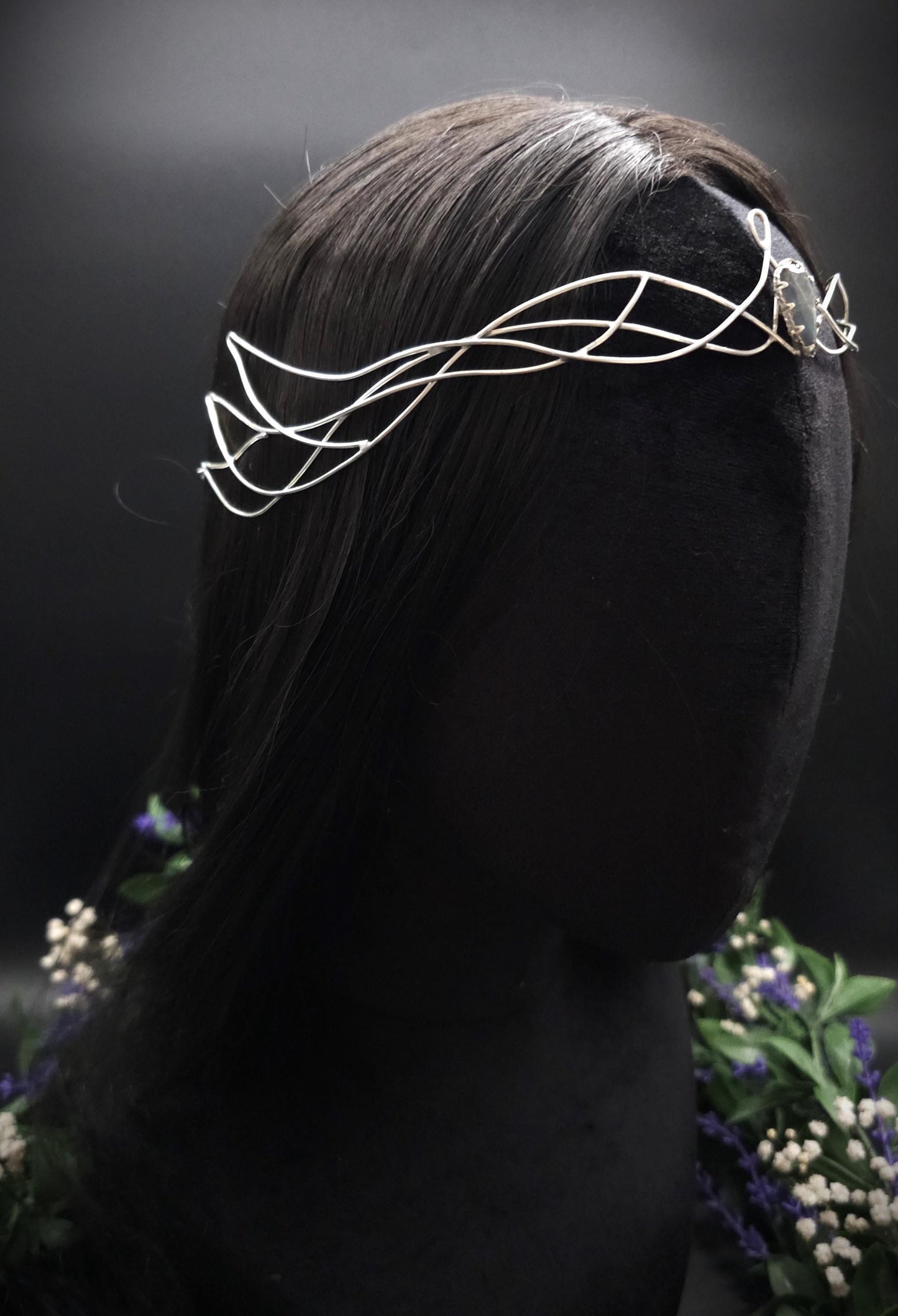 Versilbertes Diadem mit blau grauem Labradorit ~ Fantasy Kopfschmuck ~ Hochzeit & Braut-Krone ~ Größenverstellbar