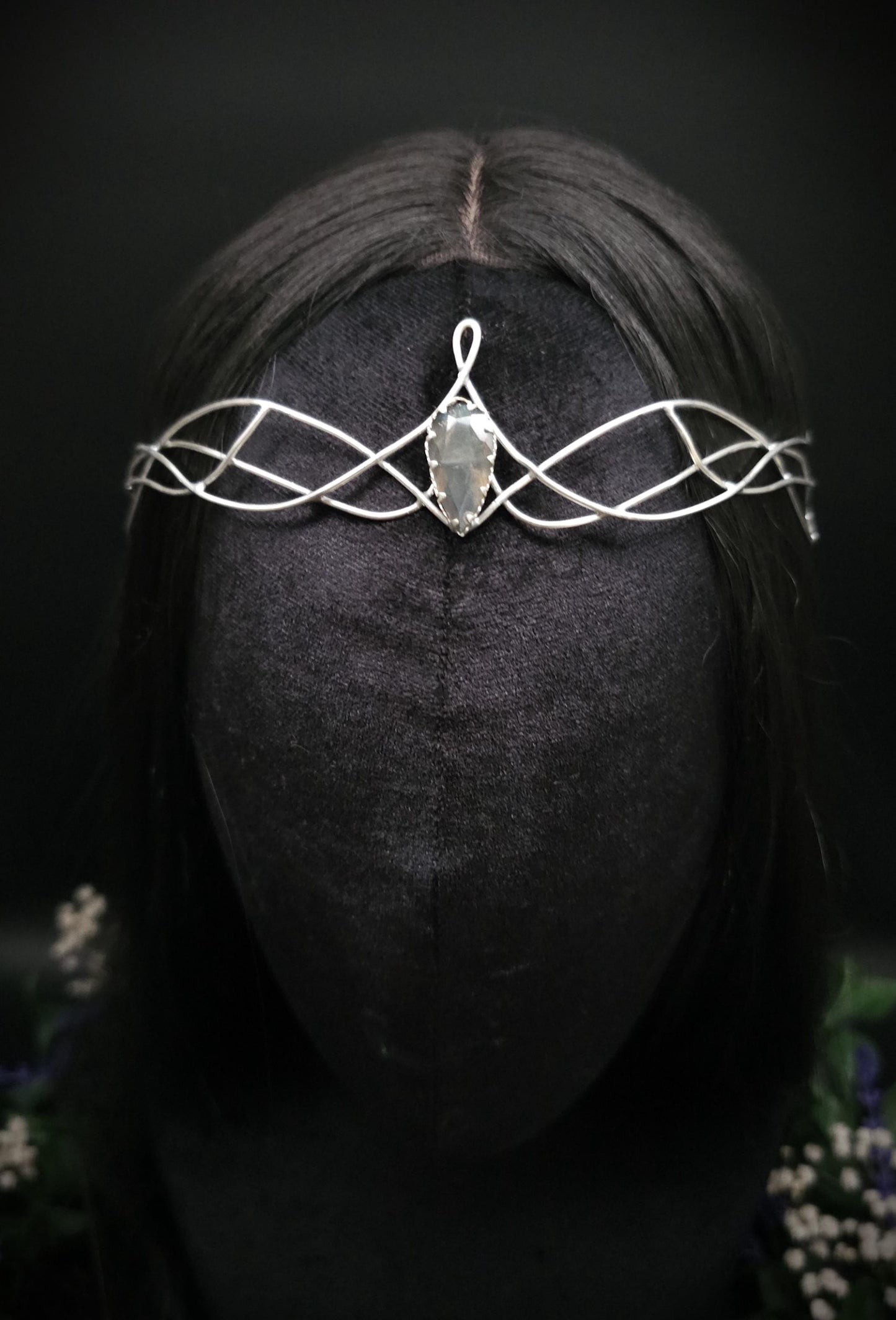 Versilbertes Diadem mit blau grauem Labradorit ~ Fantasy Kopfschmuck ~ Hochzeit & Braut-Krone ~ Größenverstellbar