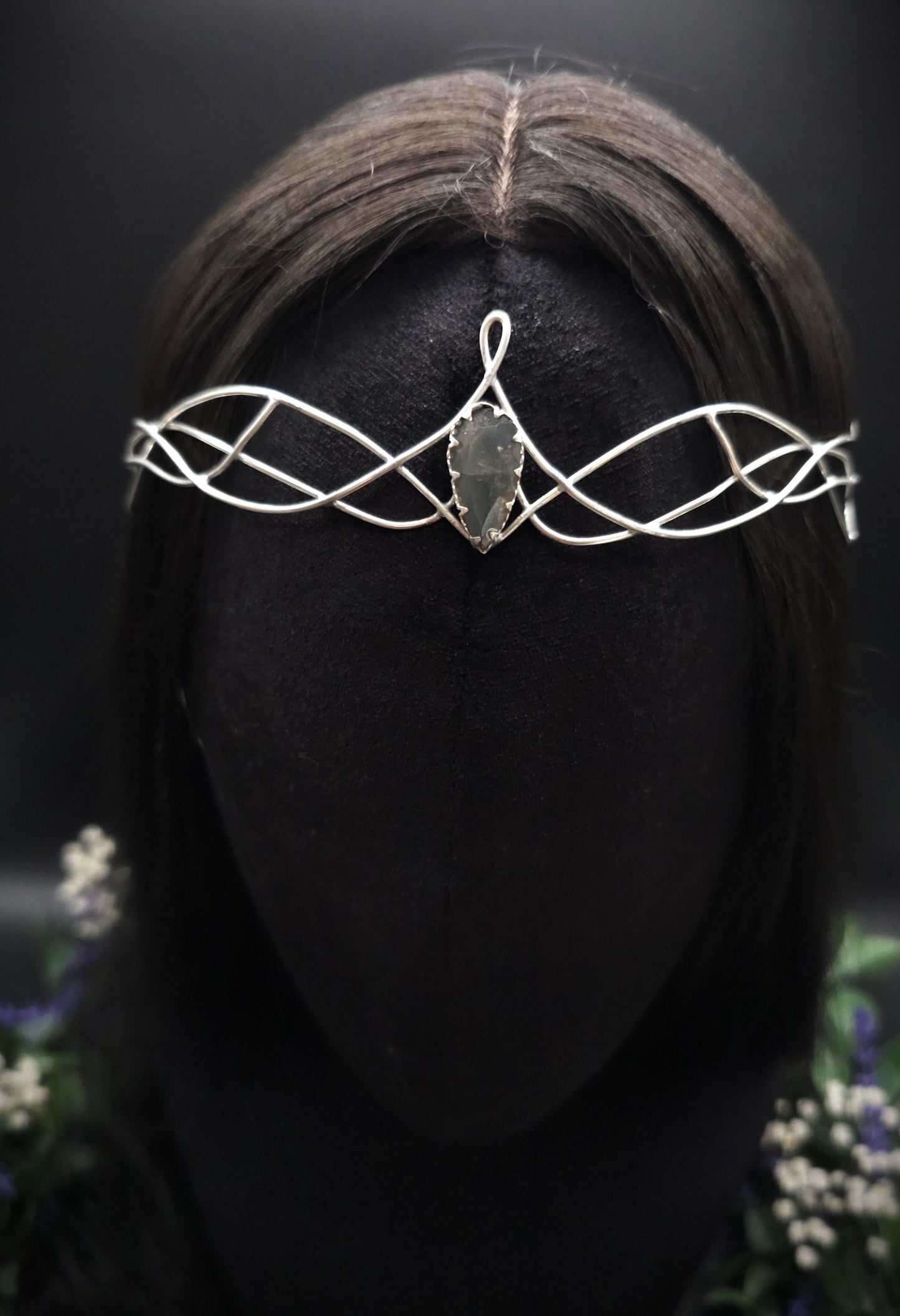 Versilbertes Diadem mit blau grauem Labradorit ~ Fantasy Kopfschmuck ~ Hochzeit & Braut-Krone ~ Größenverstellbar