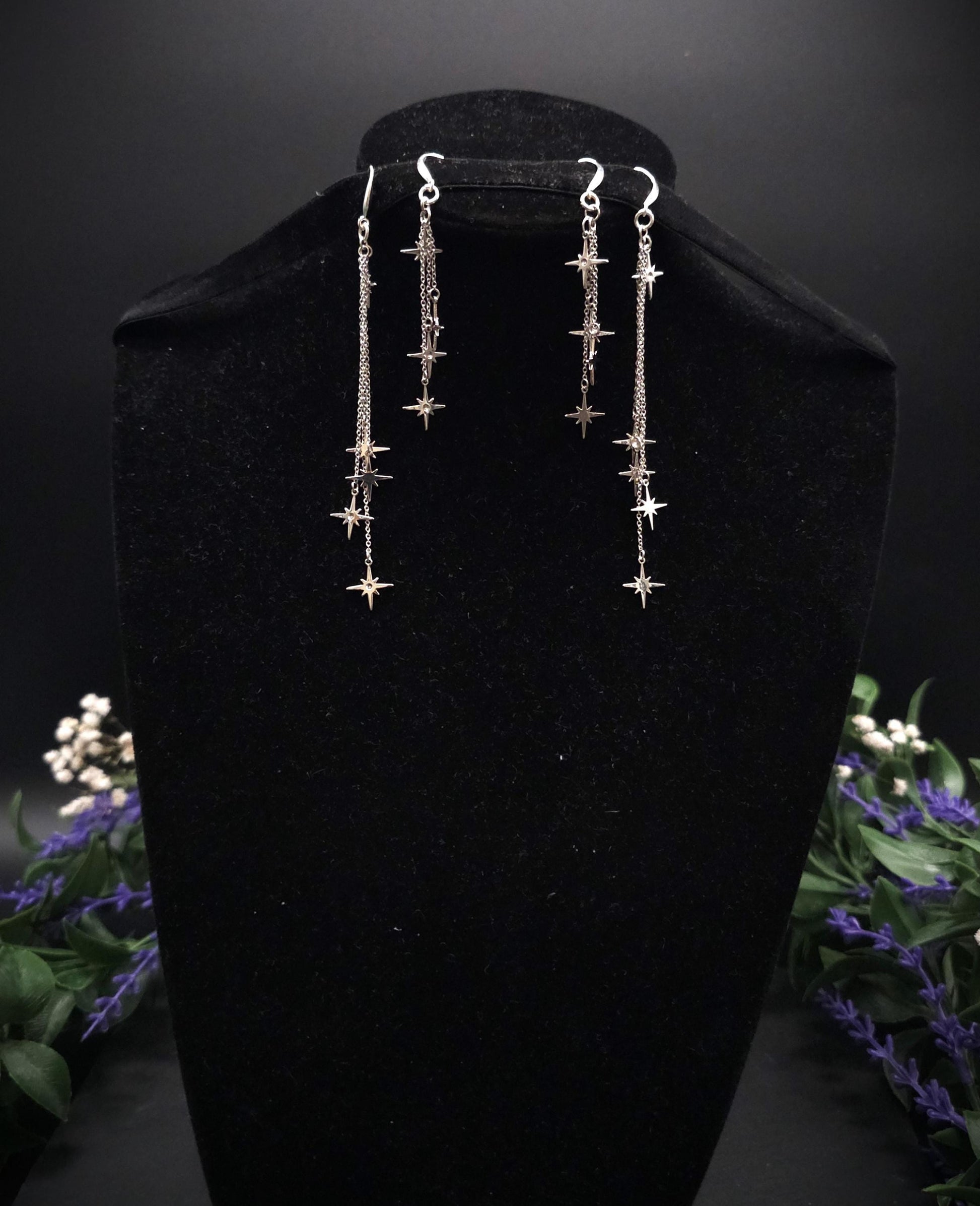 Kurze 925er Sterling Silber Stern-Ohrringe ~ Edelstahl Sterne ~ filigraner Ohrschmuck ~ Fantasy Ohrhaken