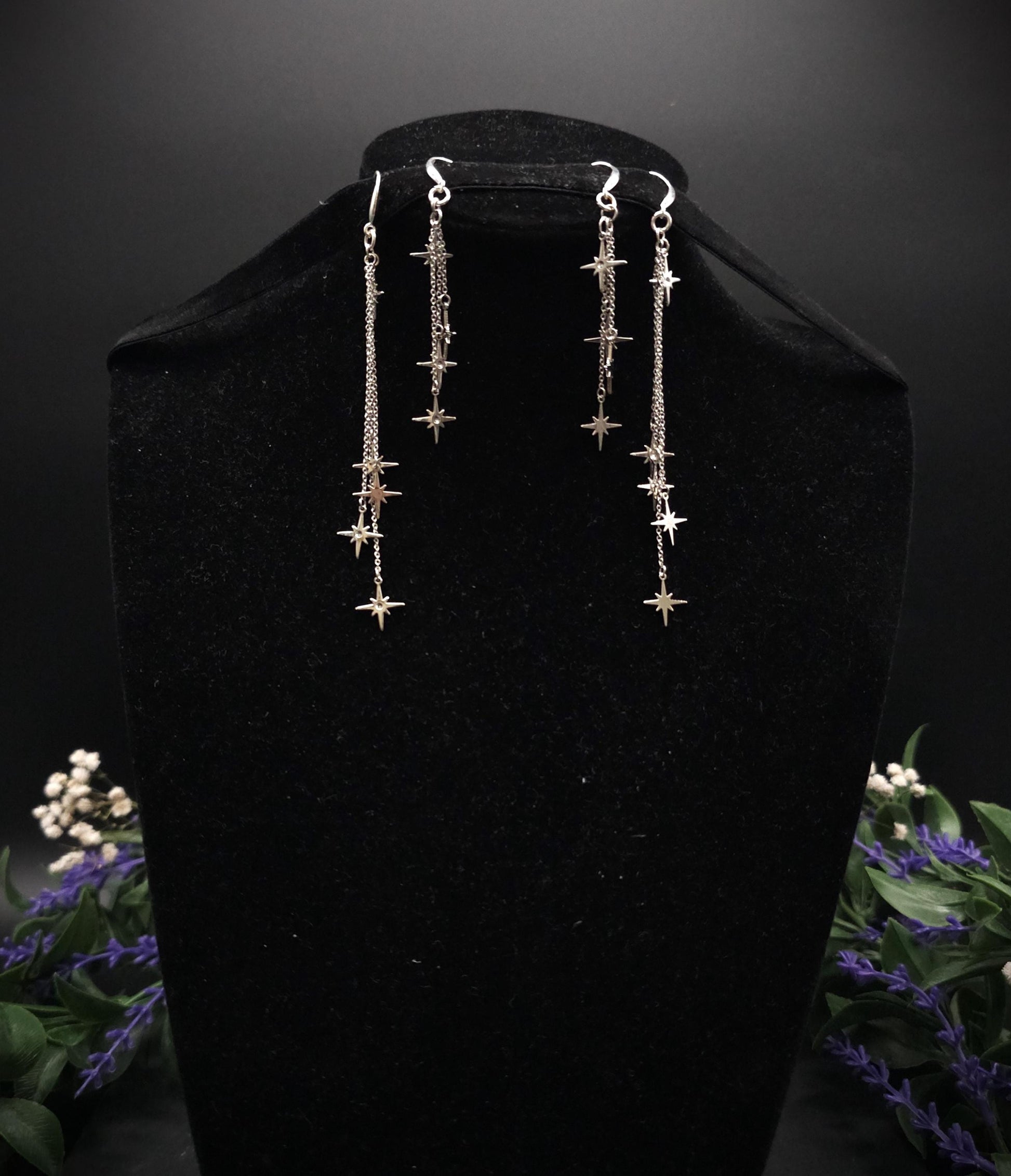 Kurze 925er Sterling Silber Stern-Ohrringe ~ Edelstahl Sterne ~ filigraner Ohrschmuck ~ Fantasy Ohrhaken