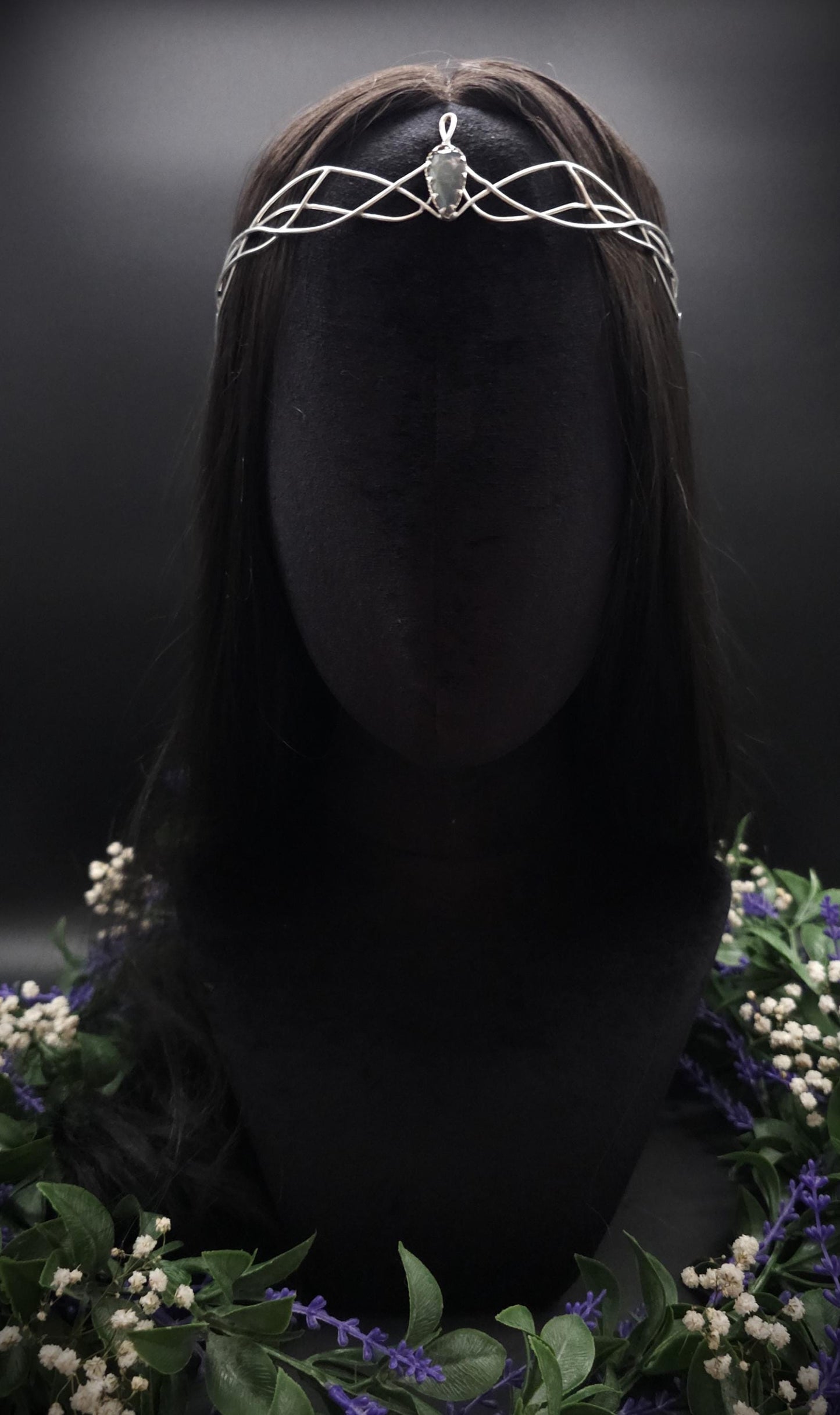 Versilbertes Diadem mit blau grauem Labradorit ~ Fantasy Kopfschmuck ~ Hochzeit & Braut-Krone ~ Größenverstellbar