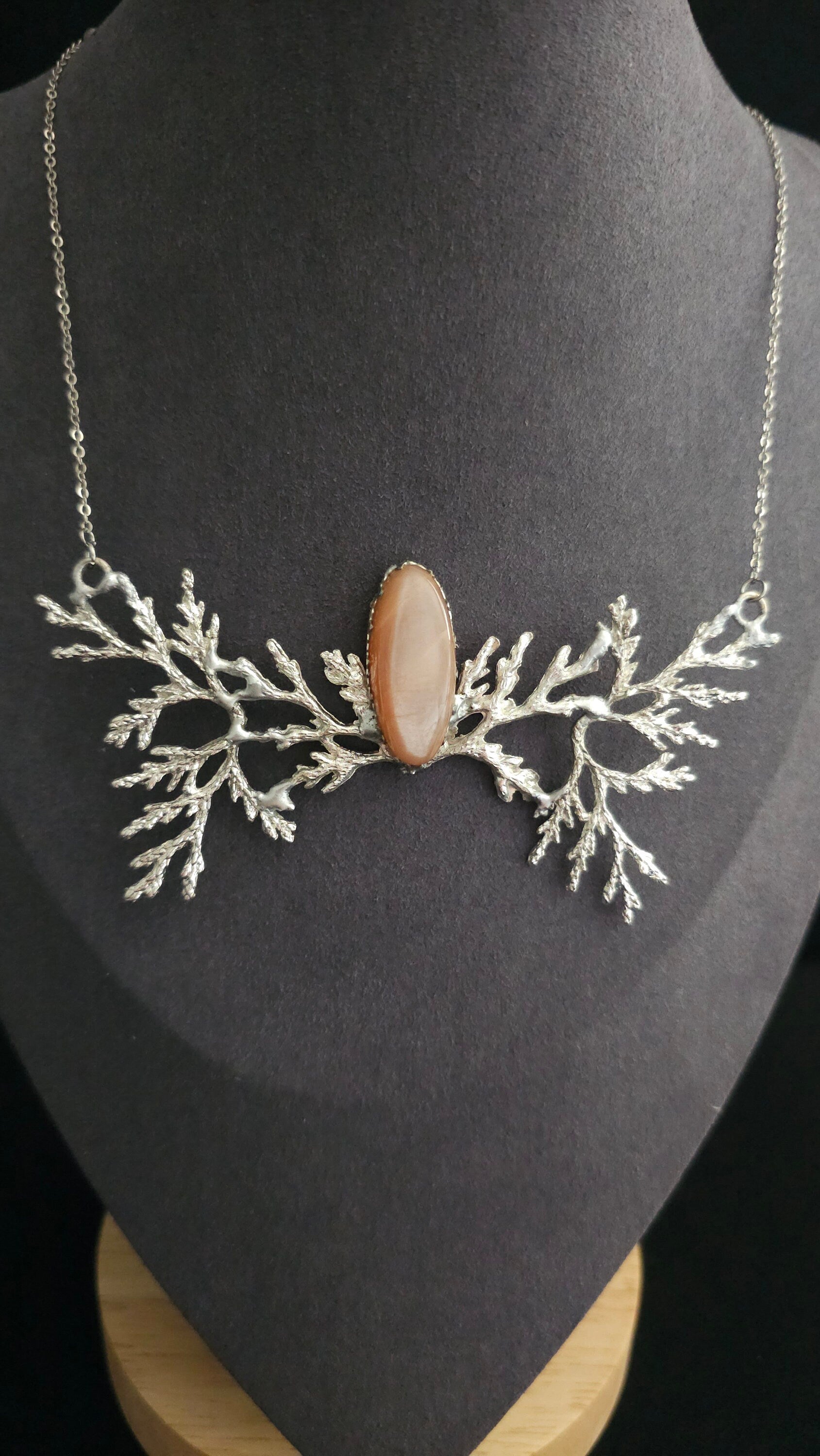 Branch Necklace with Peach Moonstone, Elvish Collier, Handmade Choker, Silver Fantasy Necklace