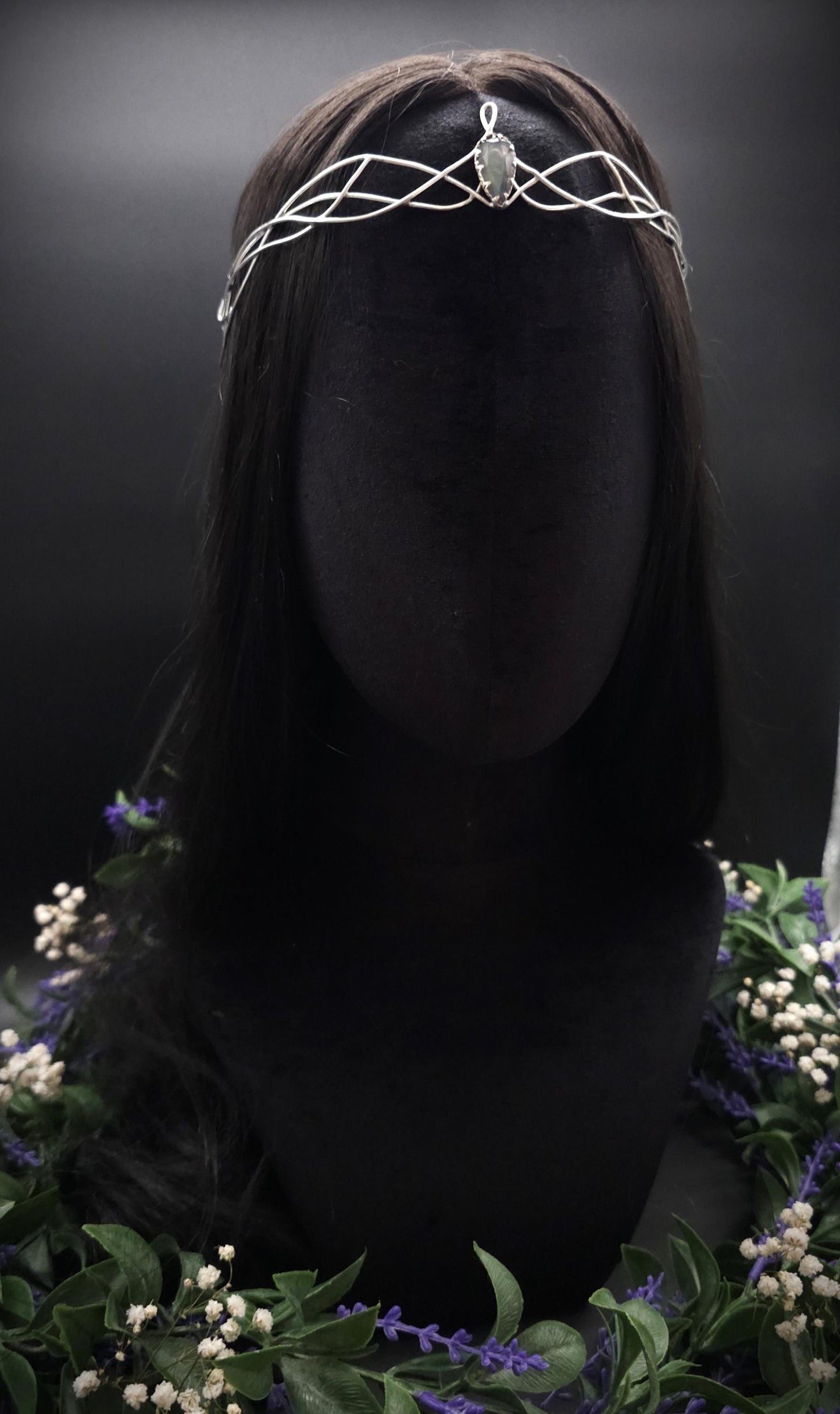 Versilbertes Diadem mit blau grauem Labradorit ~ Fantasy Kopfschmuck ~ Hochzeit & Braut-Krone ~ Größenverstellbar