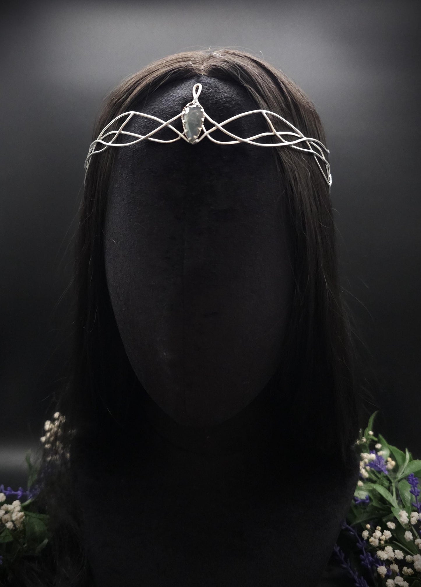 Versilbertes Diadem mit blau grauem Labradorit ~ Fantasy Kopfschmuck ~ Hochzeit & Braut-Krone ~ Größenverstellbar