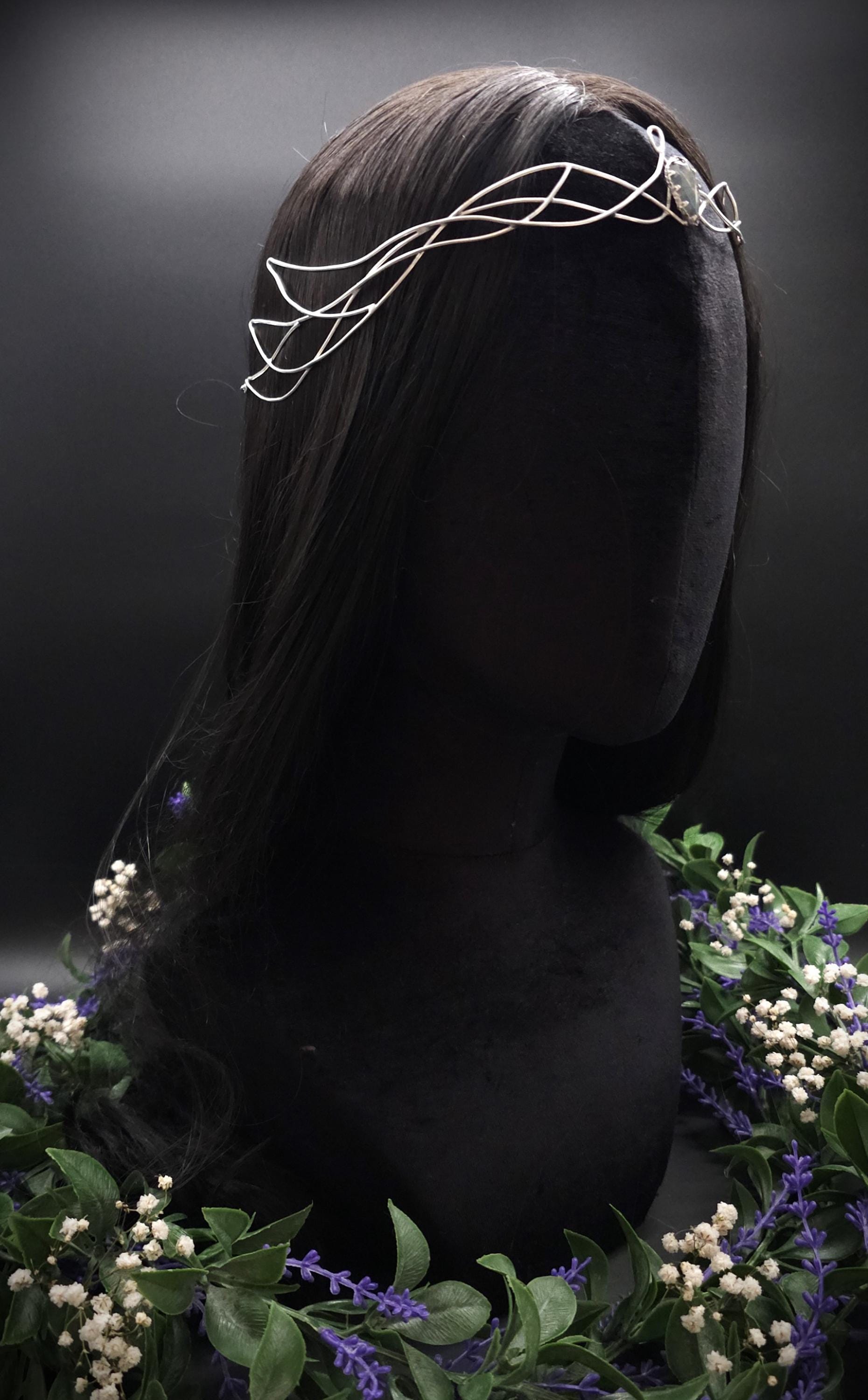 Versilbertes Diadem mit blau grauem Labradorit ~ Fantasy Kopfschmuck ~ Hochzeit & Braut-Krone ~ Größenverstellbar