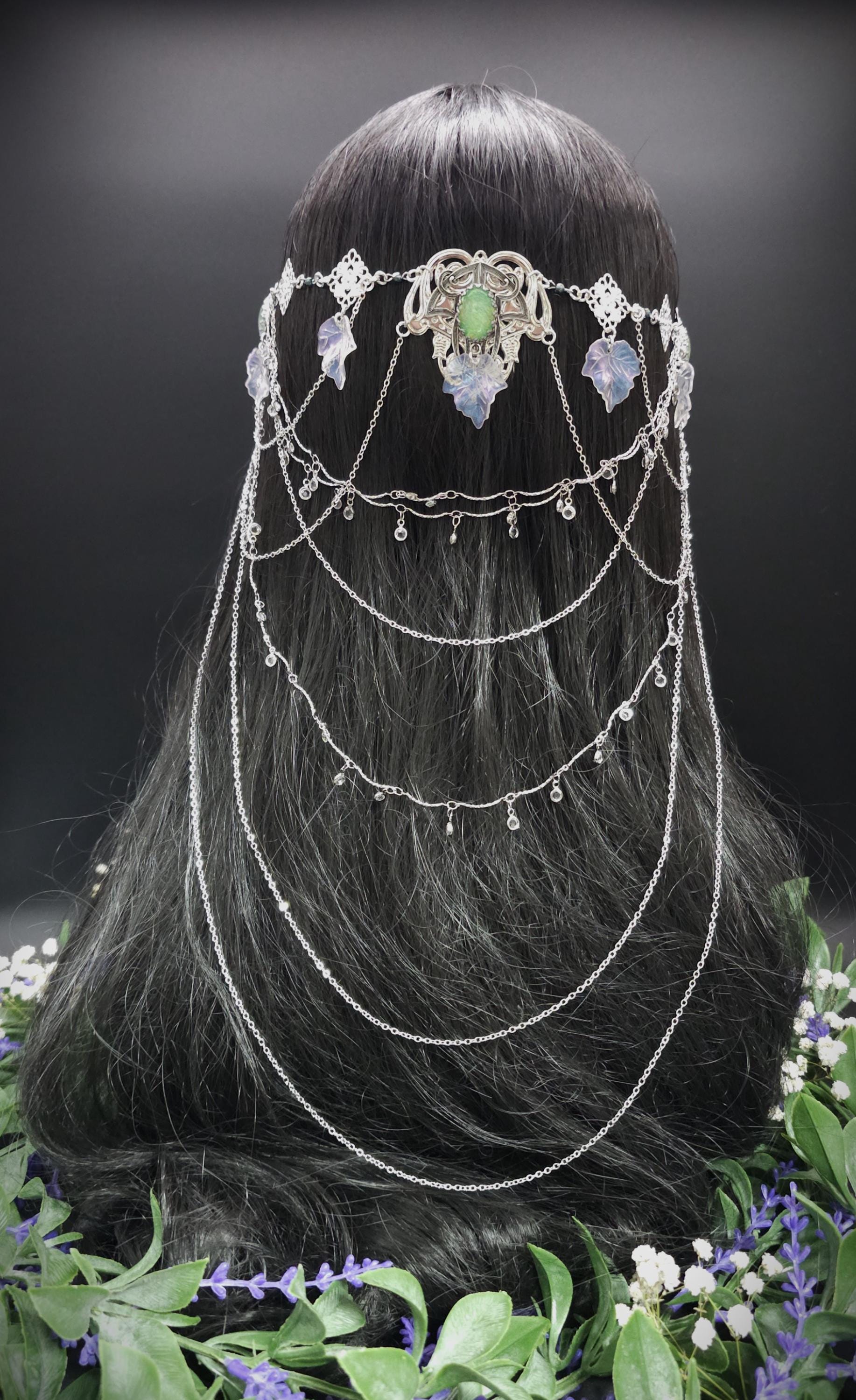 Art Nouveau Headpiece~ Salbeigrüne Resin Cabochons ~ irisierende Blätterkrone ~ Glaskristall Ketten ~ Fantasy Elven Haar Schmuck