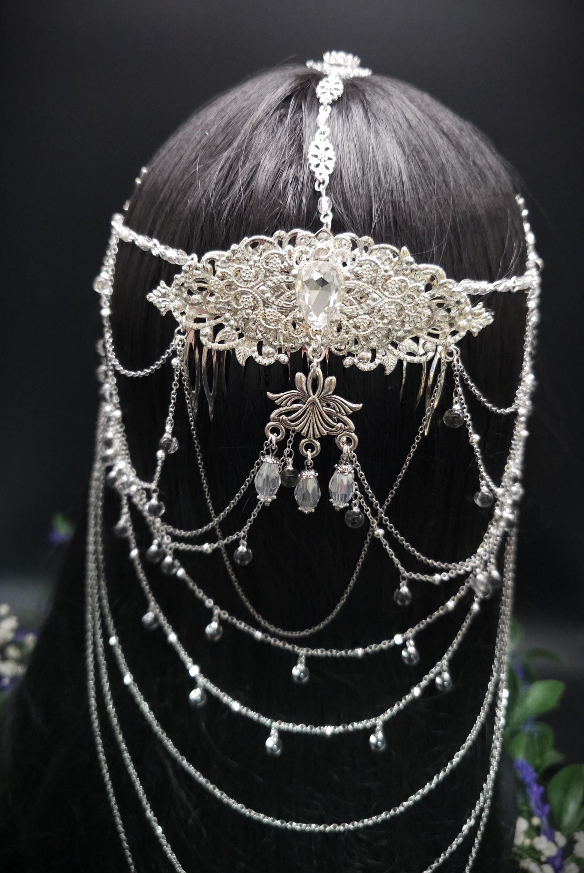 Art Nouveau Kristall Headpiece – Silbernes Ketten Haarteil mit Glasperlen, Rhodium Filigree, Bridal Tiara, Fantasy Elfen Kopfschmuck