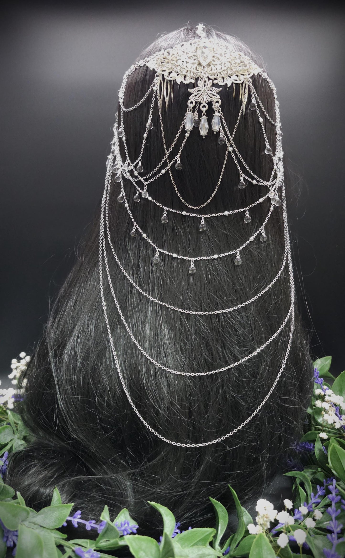 Art Nouveau Kristall Headpiece – Silbernes Ketten Haarteil mit Glasperlen, Rhodium Filigree, Bridal Tiara, Fantasy Elfen Kopfschmuck