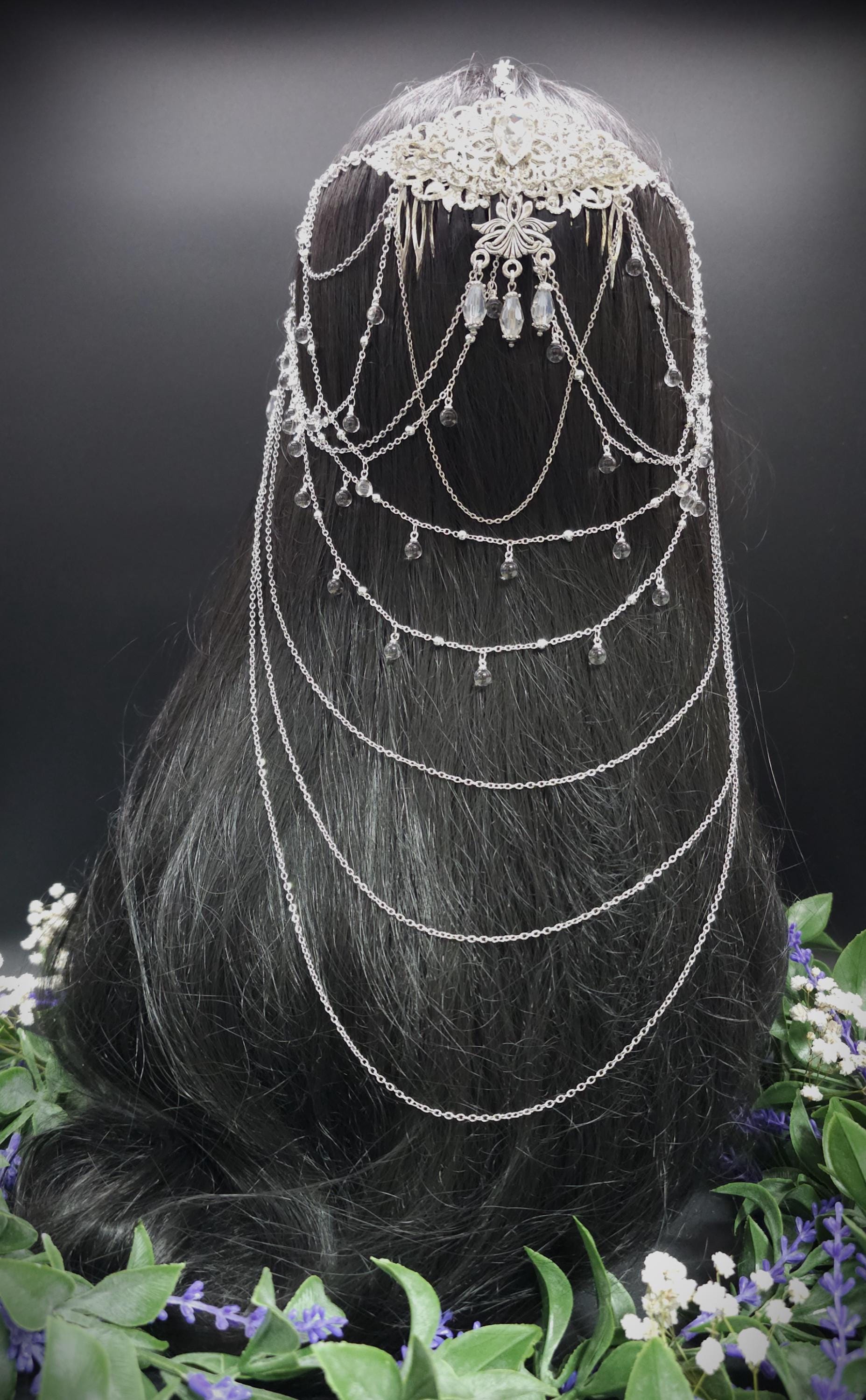 Art Nouveau Kristall Headpiece – Silbernes Ketten Haarteil mit Glasperlen, Rhodium Filigree, Bridal Tiara, Fantasy Elfen Kopfschmuck