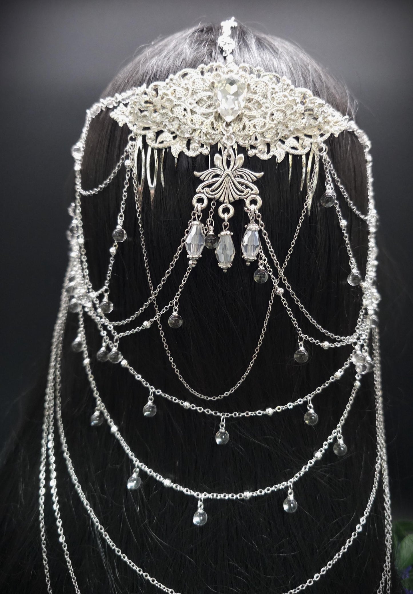 Art Nouveau Kristall Headpiece – Silbernes Ketten Haarteil mit Glasperlen, Rhodium Filigree, Bridal Tiara, Fantasy Elfen Kopfschmuck