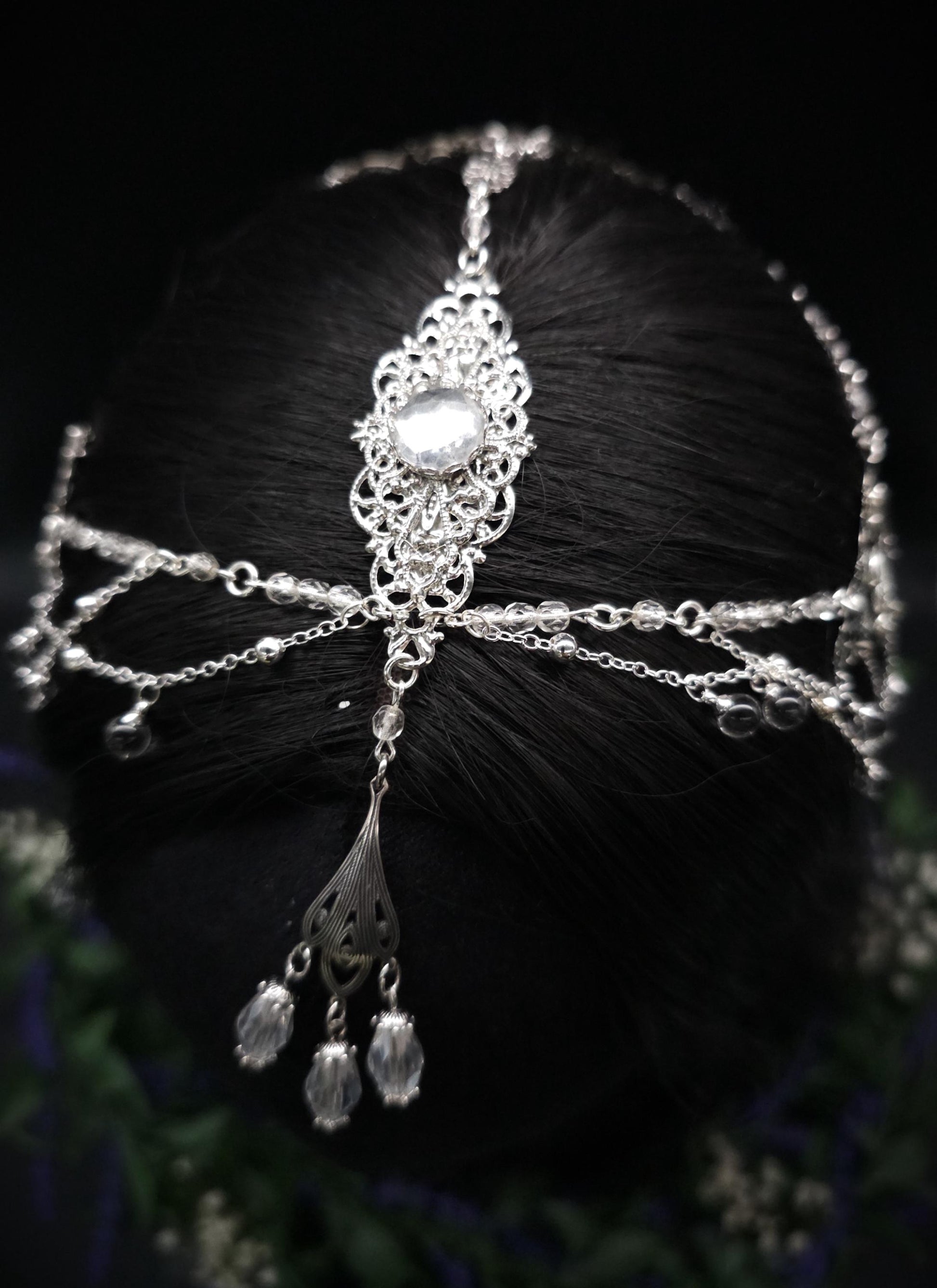 Art Nouveau Kristall Headpiece – Silbernes Ketten Haarteil mit Glasperlen, Rhodium Filigree, Bridal Tiara, Fantasy Elfen Kopfschmuck