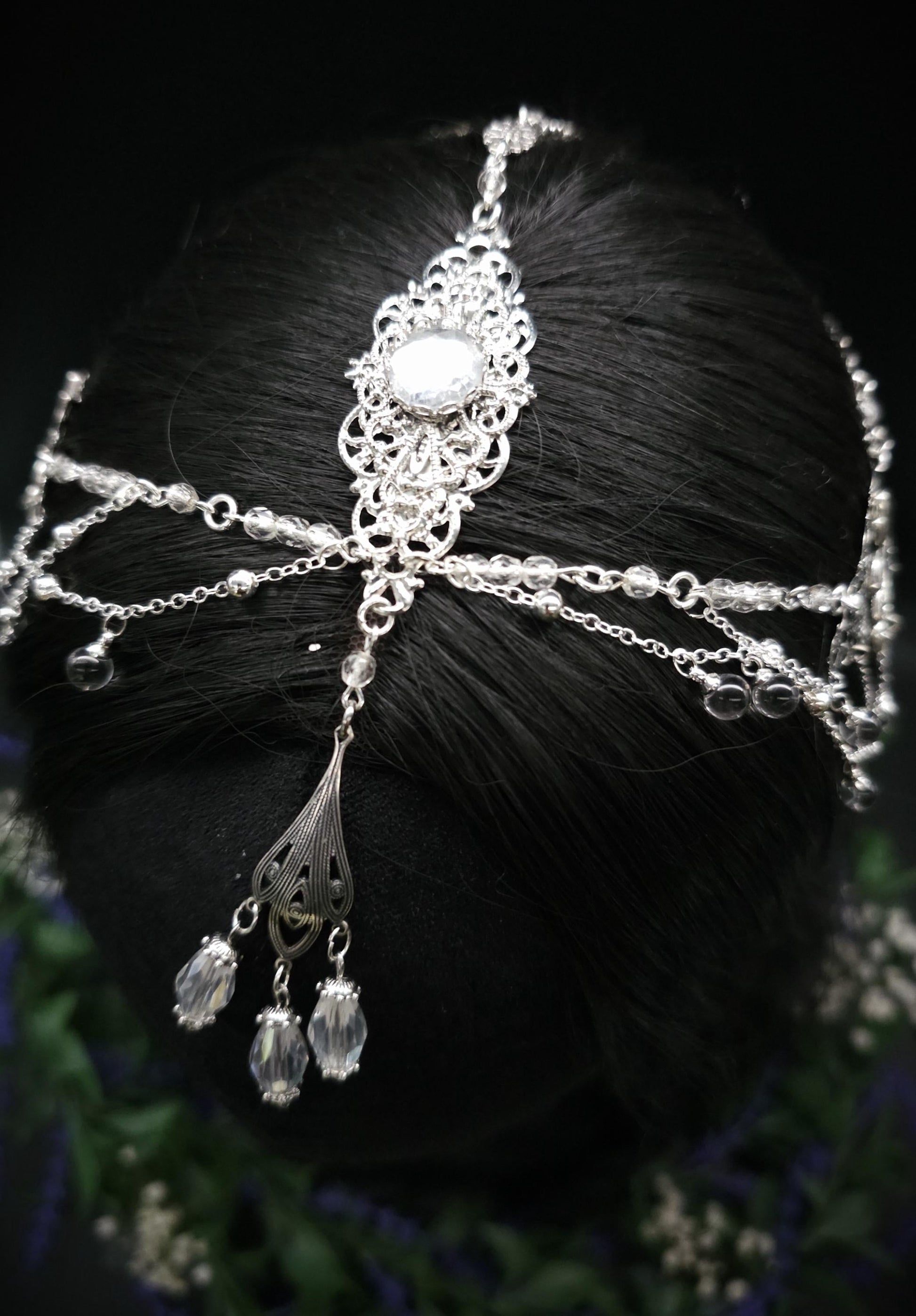 Art Nouveau Kristall Headpiece – Silbernes Ketten Haarteil mit Glasperlen, Rhodium Filigree, Bridal Tiara, Fantasy Elfen Kopfschmuck
