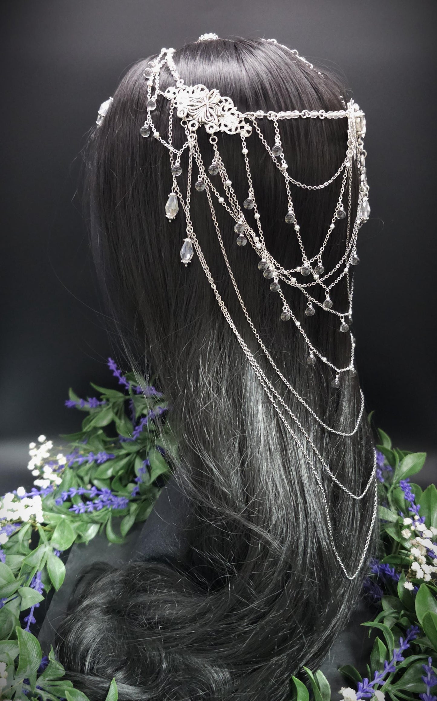 Art Nouveau Kristall Headpiece – Silbernes Ketten Haarteil mit Glasperlen, Rhodium Filigree, Bridal Tiara, Fantasy Elfen Kopfschmuck