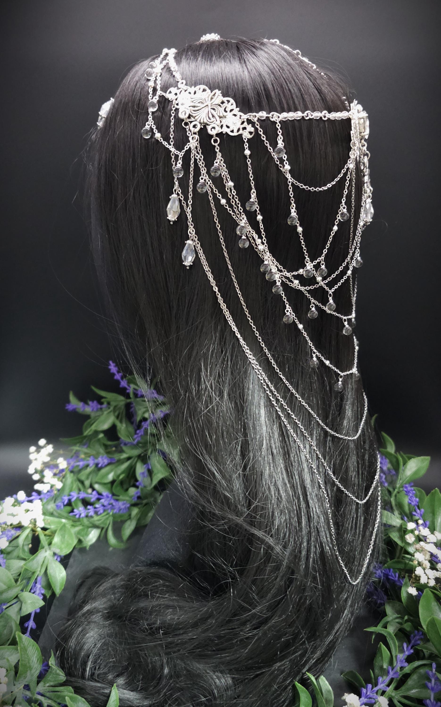 Art Nouveau Kristall Headpiece – Silbernes Ketten Haarteil mit Glasperlen, Rhodium Filigree, Bridal Tiara, Fantasy Elfen Kopfschmuck
