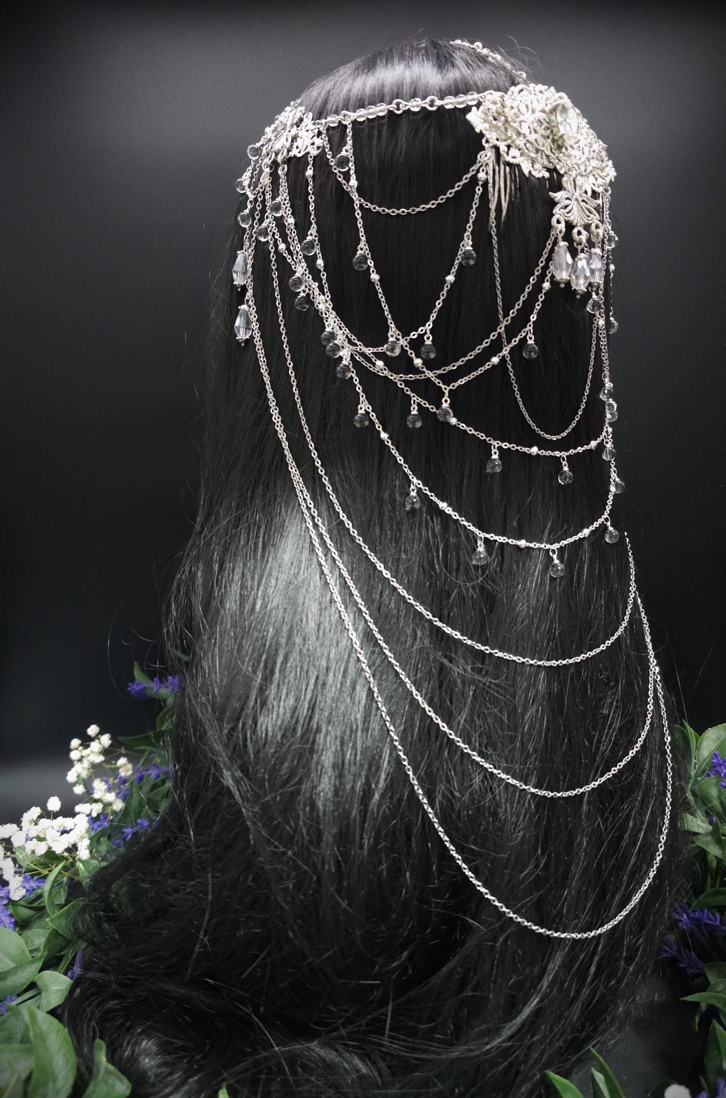 Art Nouveau Kristall Headpiece – Silbernes Ketten Haarteil mit Glasperlen, Rhodium Filigree, Bridal Tiara, Fantasy Elfen Kopfschmuck