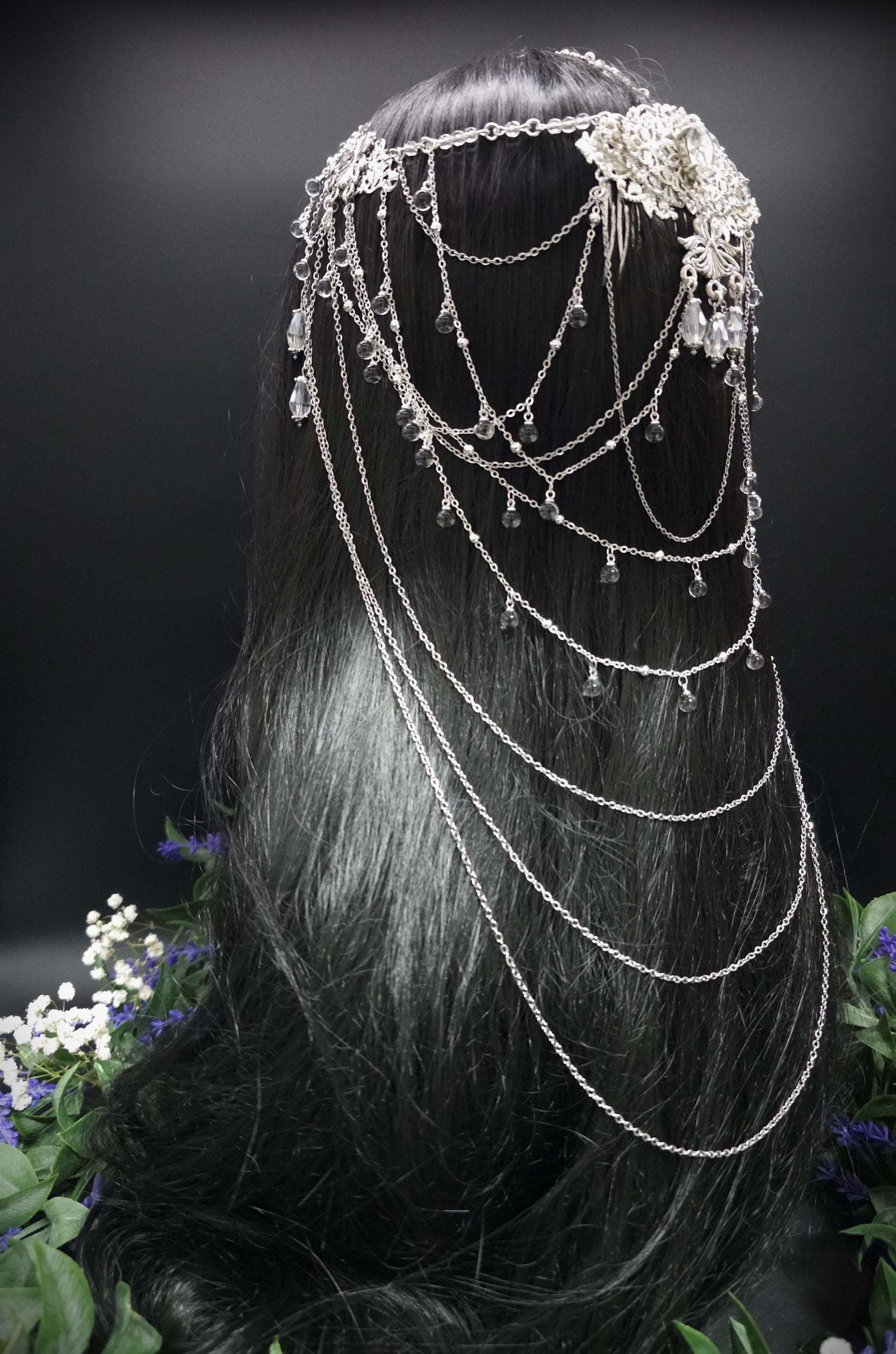 Art Nouveau Kristall Headpiece – Silbernes Ketten Haarteil mit Glasperlen, Rhodium Filigree, Bridal Tiara, Fantasy Elfen Kopfschmuck