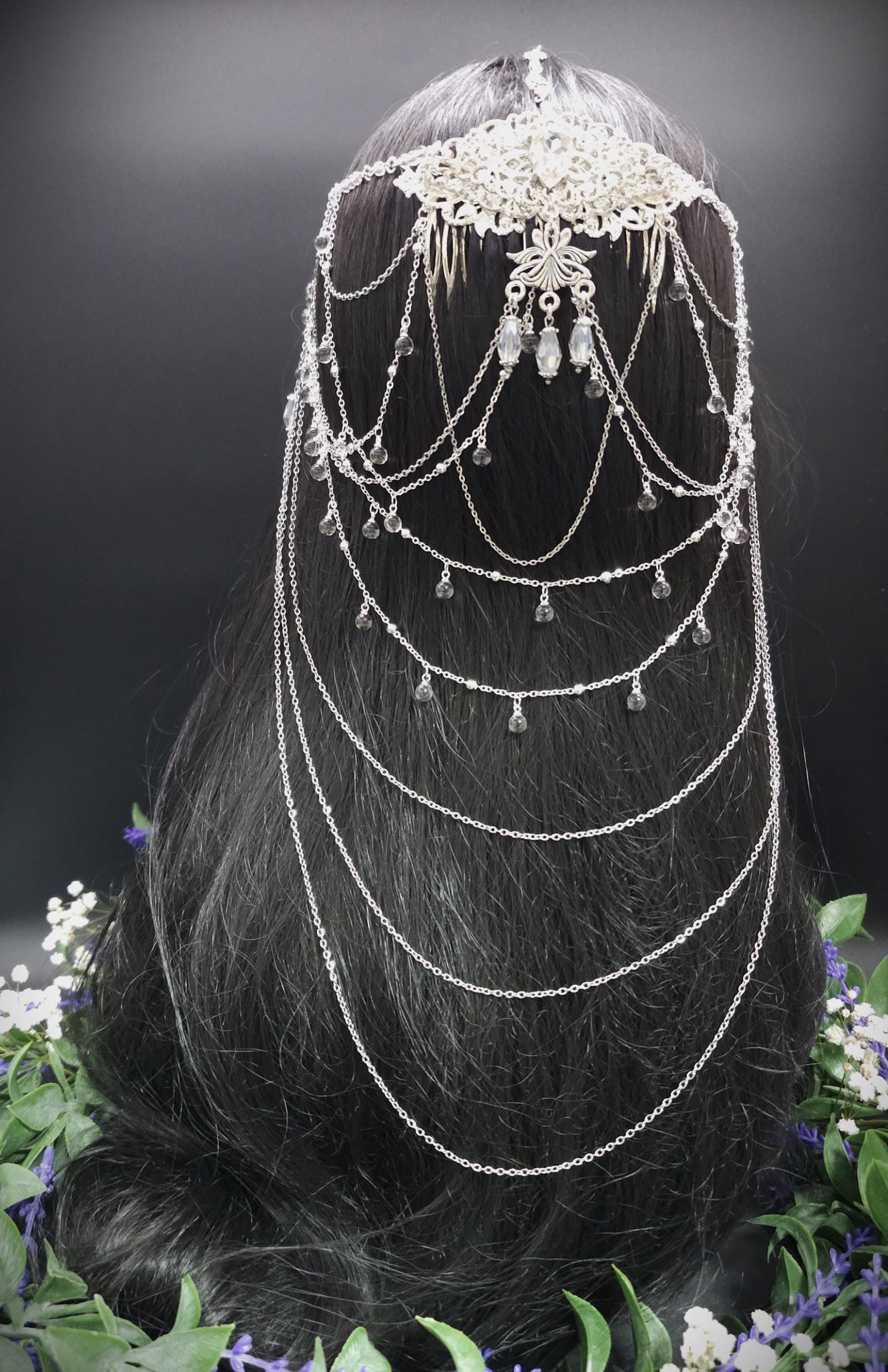Art Nouveau Kristall Headpiece – Silbernes Ketten Haarteil mit Glasperlen, Rhodium Filigree, Bridal Tiara, Fantasy Elfen Kopfschmuck