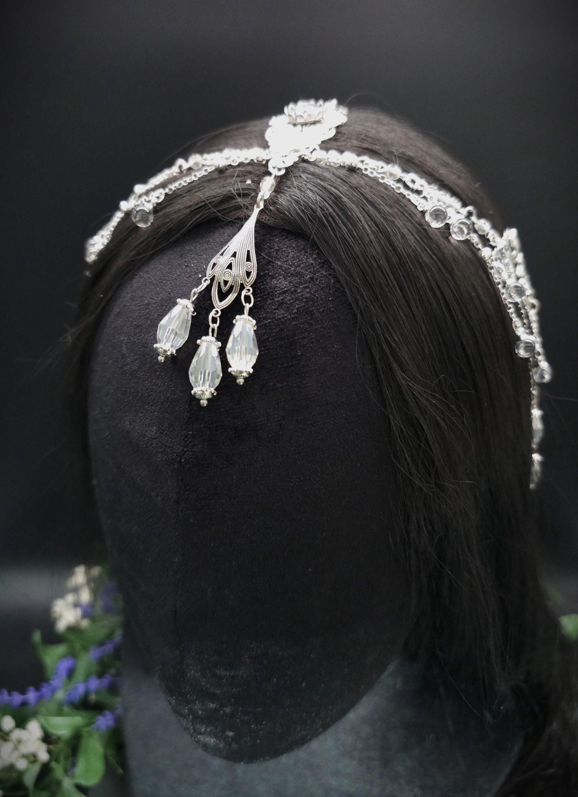 Art Nouveau Kristall Headpiece – Silbernes Ketten Haarteil mit Glasperlen, Rhodium Filigree, Bridal Tiara, Fantasy Elfen Kopfschmuck