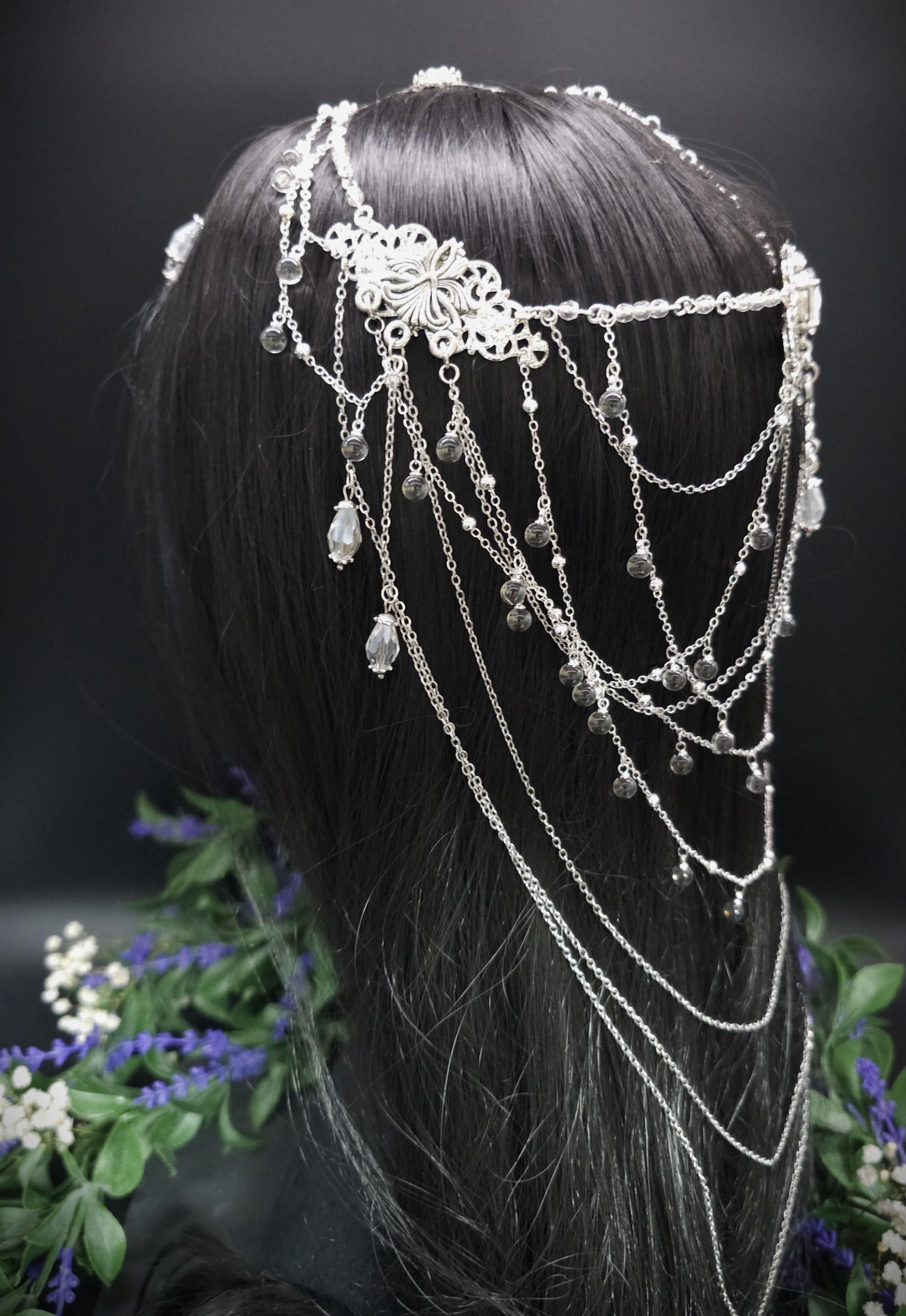 Art Nouveau Kristall Headpiece – Silbernes Ketten Haarteil mit Glasperlen, Rhodium Filigree, Bridal Tiara, Fantasy Elfen Kopfschmuck