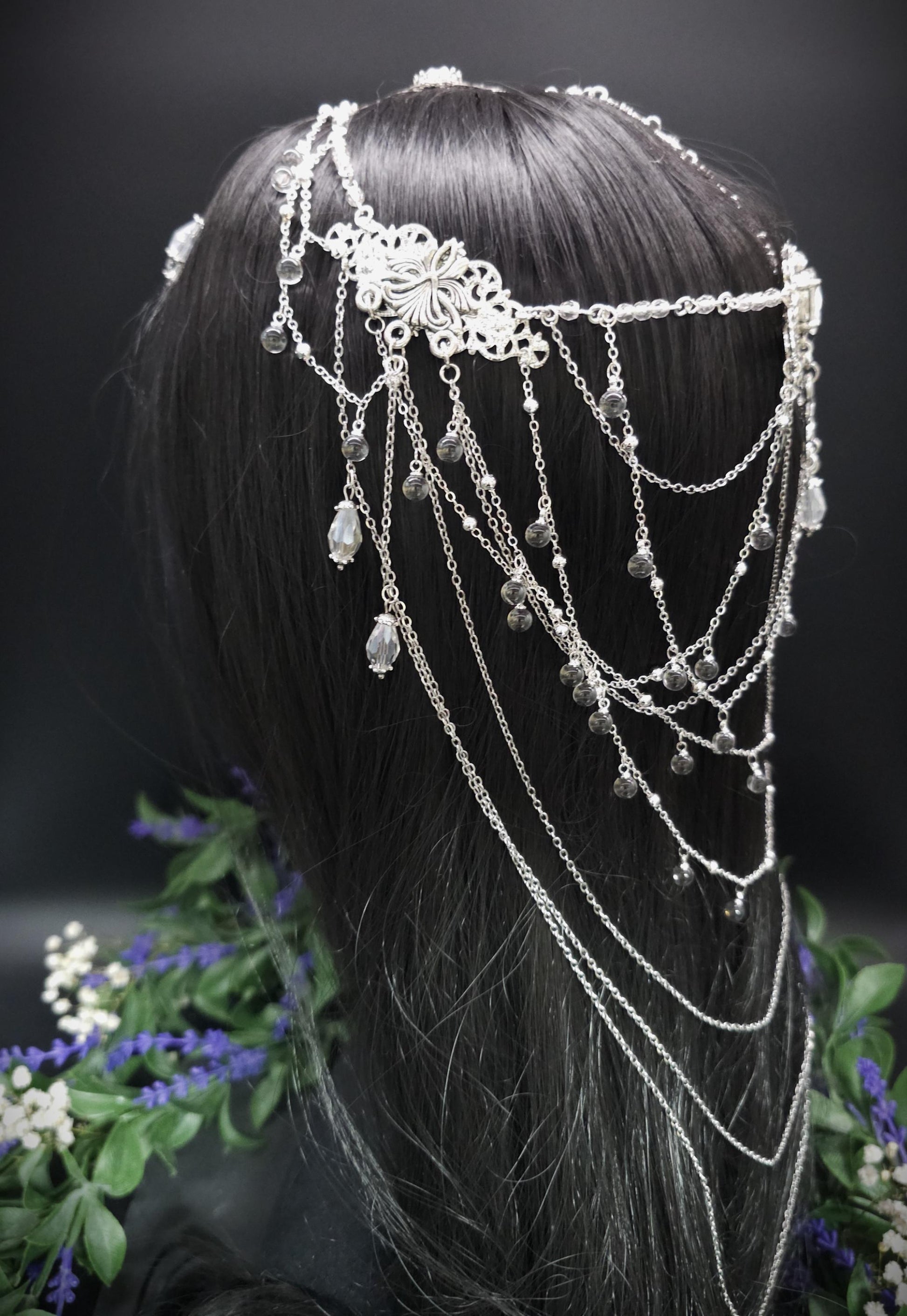 Art Nouveau Kristall Headpiece – Silbernes Ketten Haarteil mit Glasperlen, Rhodium Filigree, Bridal Tiara, Fantasy Elfen Kopfschmuck