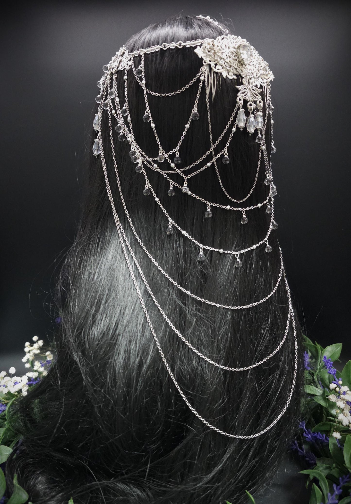 Art Nouveau Kristall Headpiece – Silbernes Ketten Haarteil mit Glasperlen, Rhodium Filigree, Bridal Tiara, Fantasy Elfen Kopfschmuck