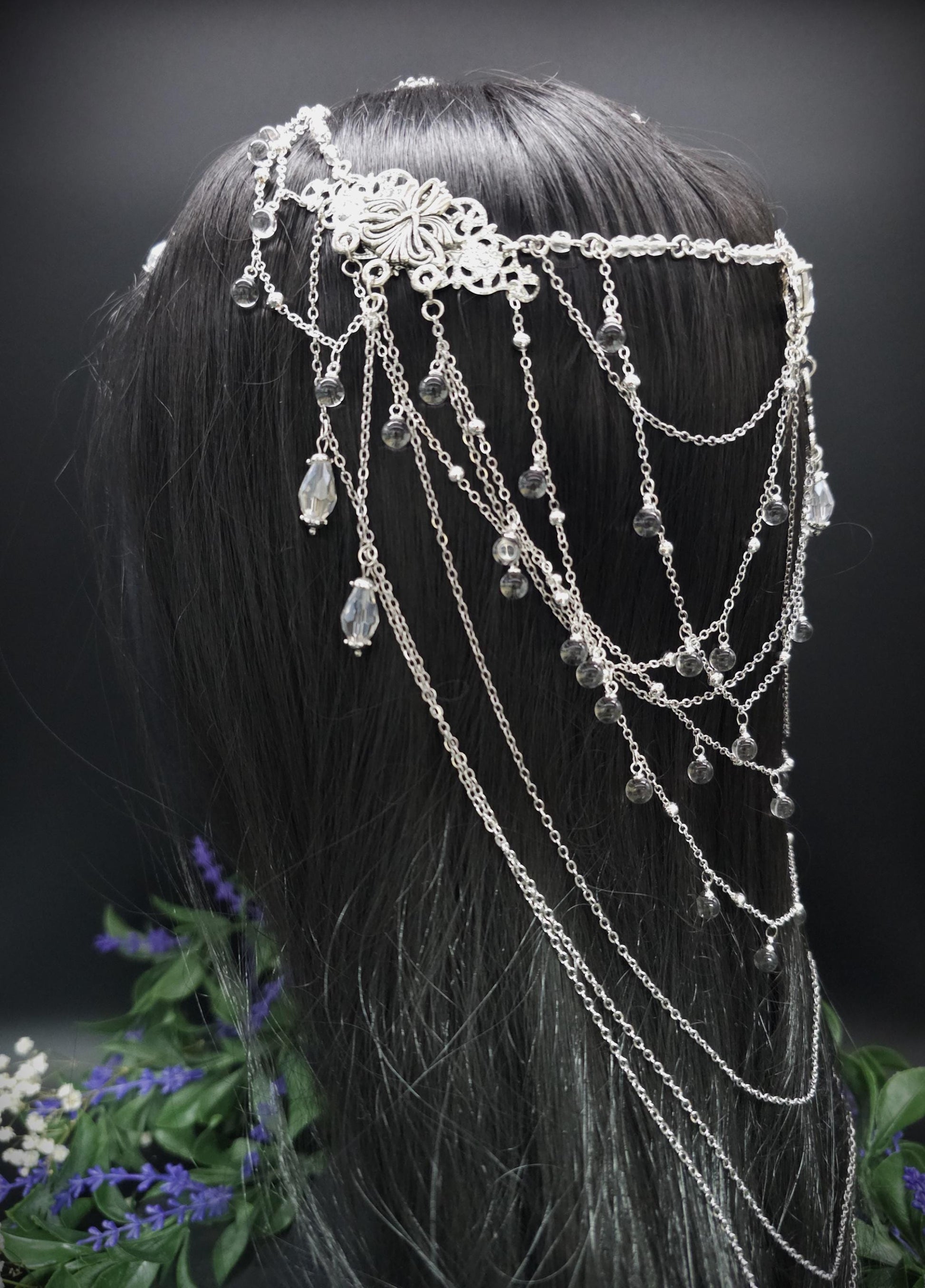 Art Nouveau Kristall Headpiece – Silbernes Ketten Haarteil mit Glasperlen, Rhodium Filigree, Bridal Tiara, Fantasy Elfen Kopfschmuck