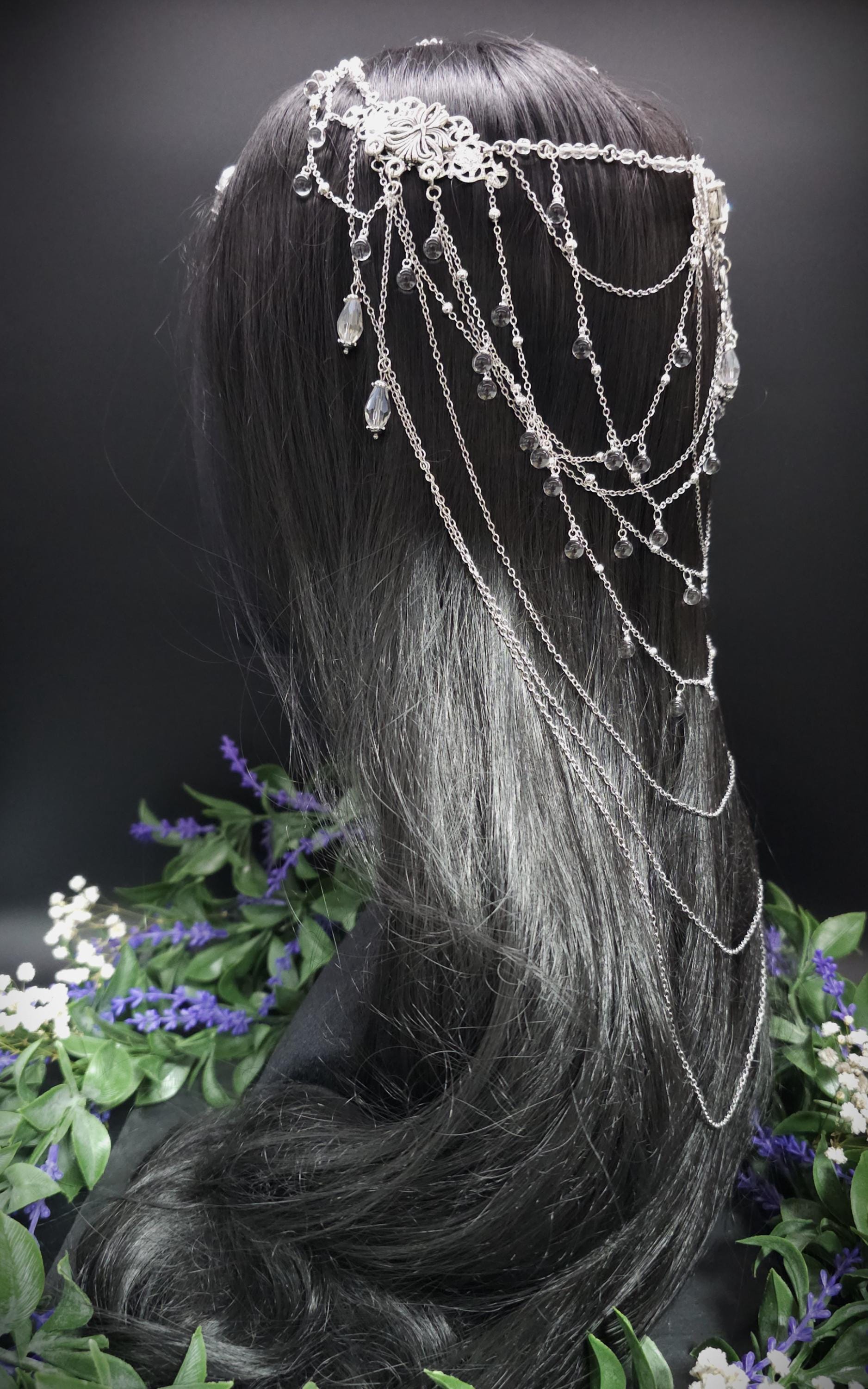Art Nouveau Kristall Headpiece – Silbernes Ketten Haarteil mit Glasperlen, Rhodium Filigree, Bridal Tiara, Fantasy Elfen Kopfschmuck
