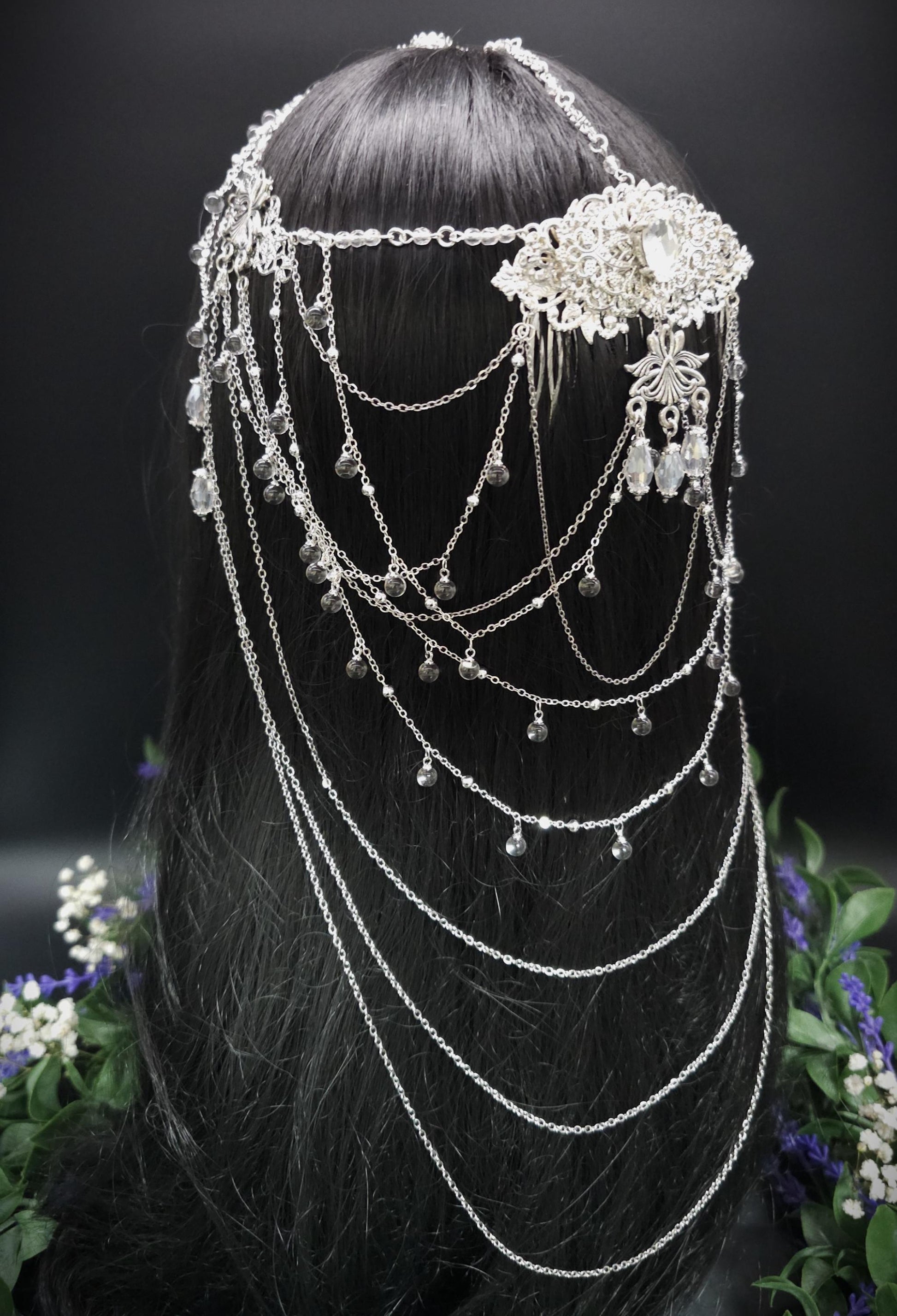 Art Nouveau Kristall Headpiece – Silbernes Ketten Haarteil mit Glasperlen, Rhodium Filigree, Bridal Tiara, Fantasy Elfen Kopfschmuck