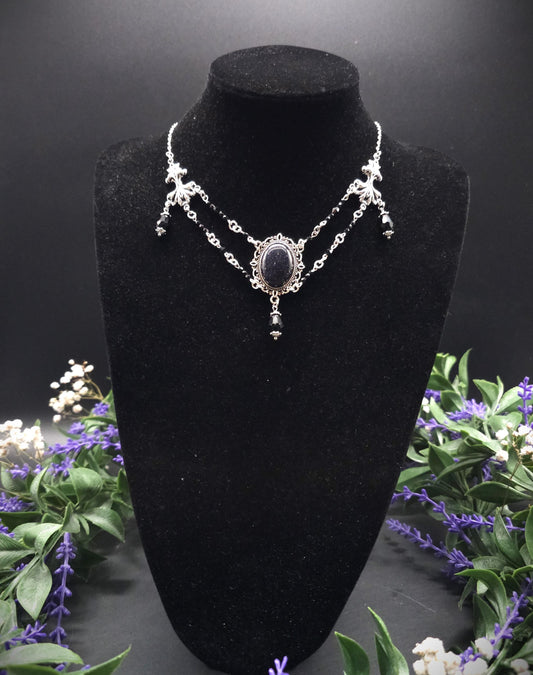 Collier ~ Viktorianische Halskette ~ Blaufluss Gothic Witchy Jewelry ~ facettierte schwarze Perlen ~ Edelstahl Rhodium ~ Größenverstellbar