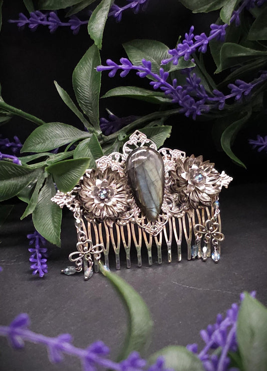 Dekorativer Haarkamm mit Labradorit, Fantasy & Vintage Kopfschmuck