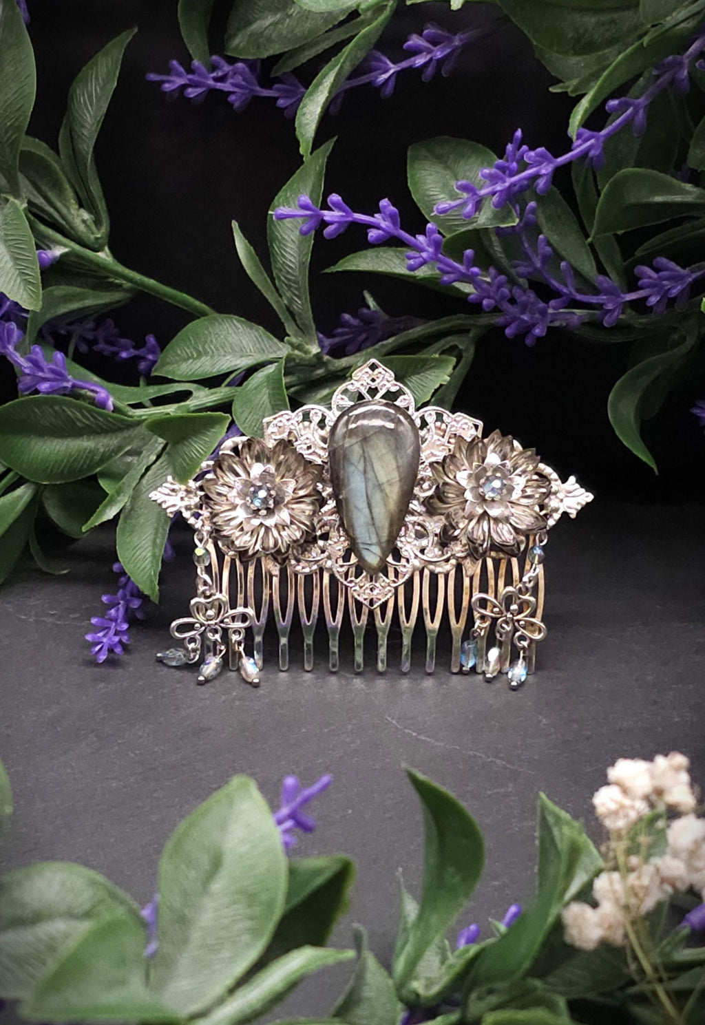 Dekorativer Haarkamm mit Labradorit, Fantasy & Vintage Kopfschmuck