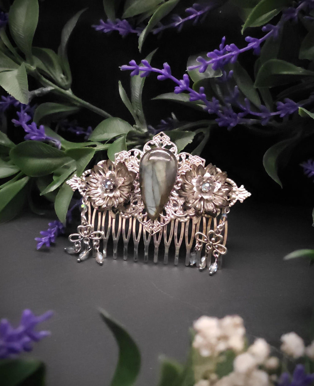 Dekorativer Haarkamm mit Labradorit, Fantasy & Vintage Kopfschmuck