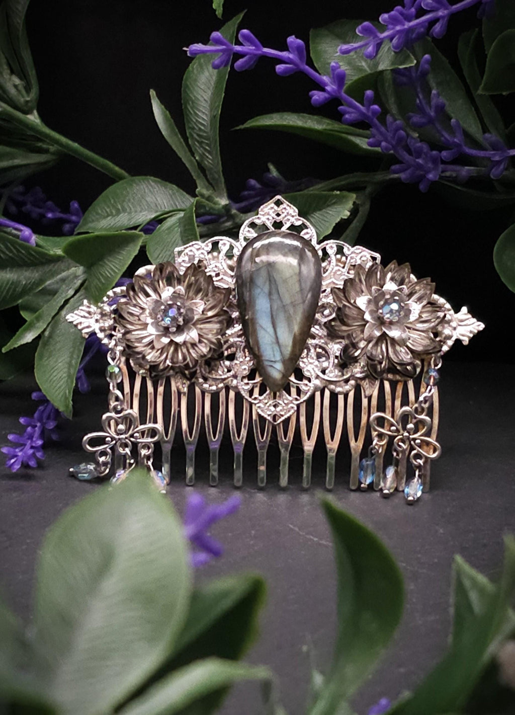 Dekorativer Haarkamm mit Labradorit, Fantasy & Vintage Kopfschmuck