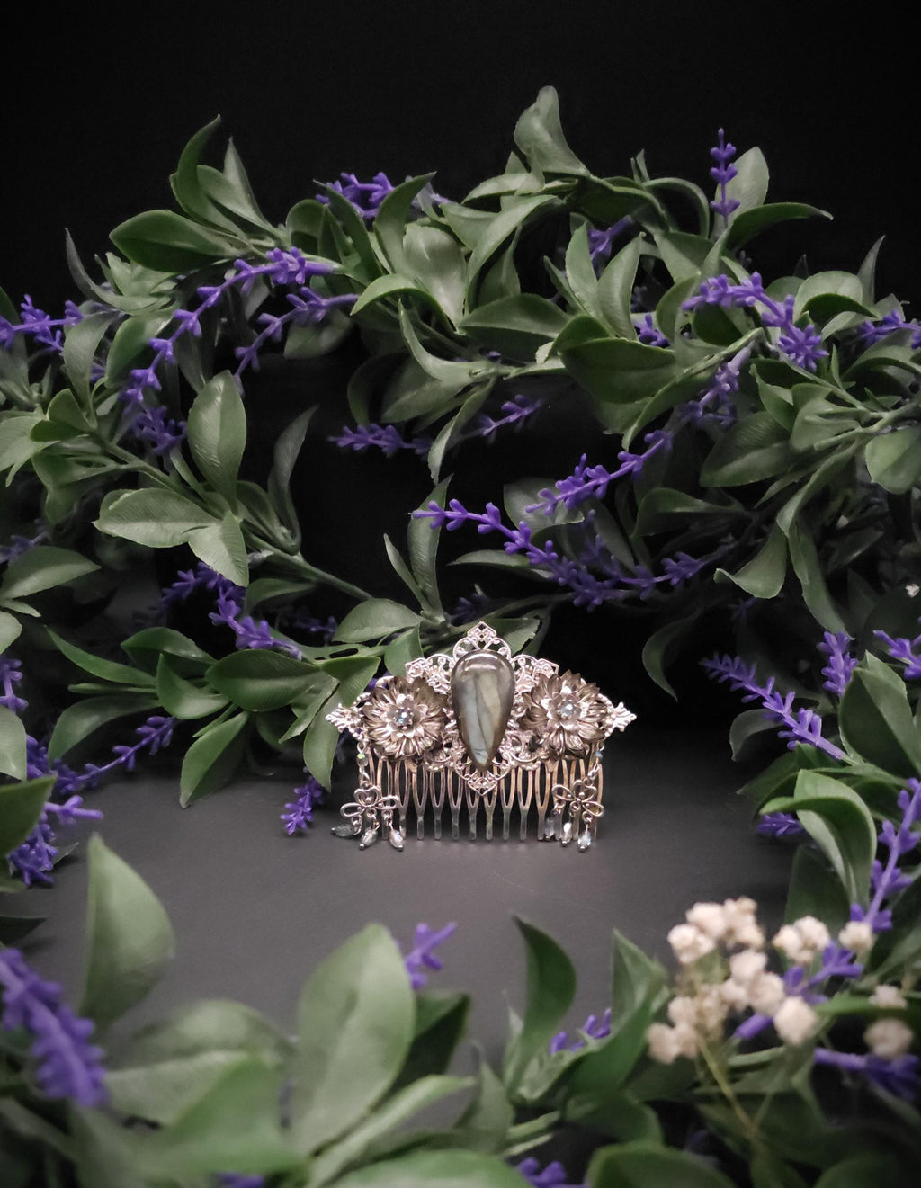 Dekorativer Haarkamm mit Labradorit, Fantasy & Vintage Kopfschmuck