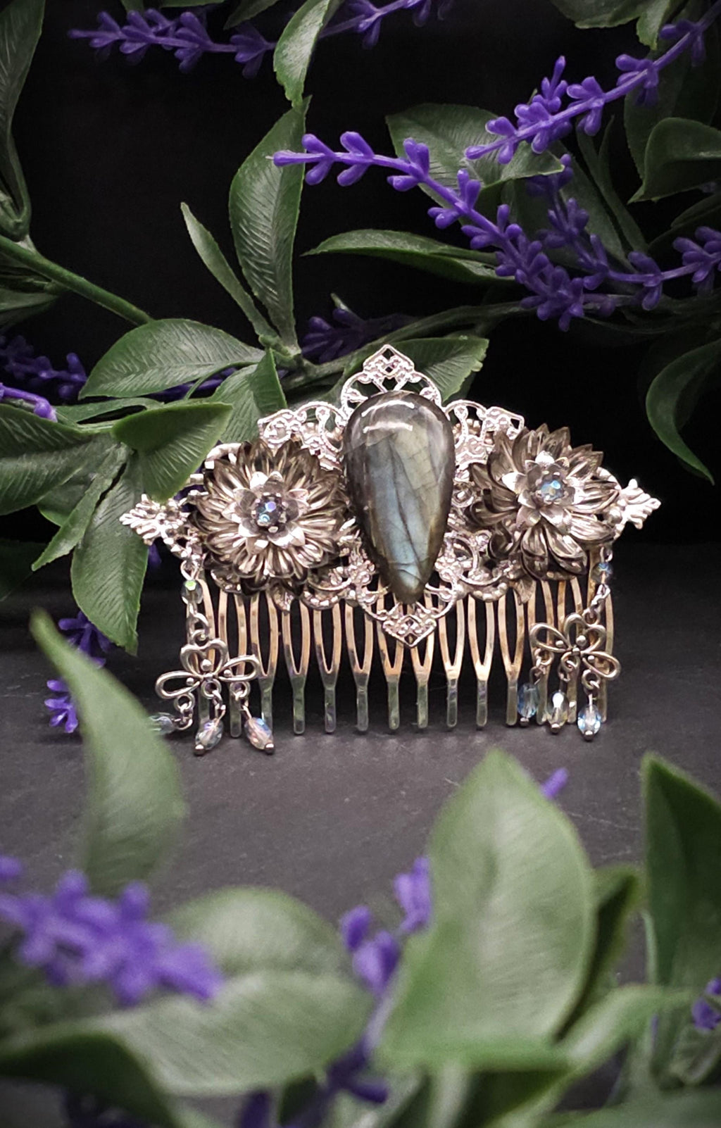 Dekorativer Haarkamm mit Labradorit, Fantasy & Vintage Kopfschmuck