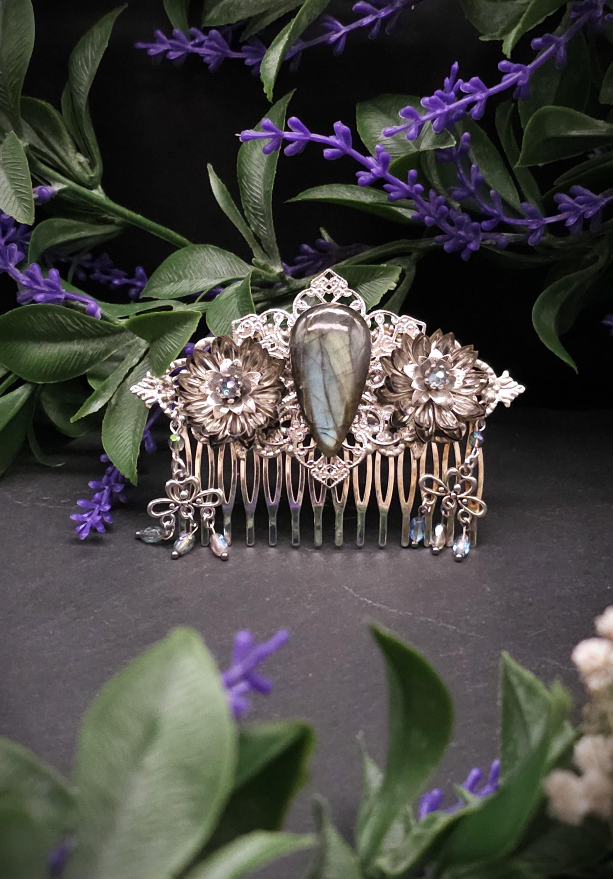 Dekorativer Haarkamm mit Labradorit, Fantasy & Vintage Kopfschmuck