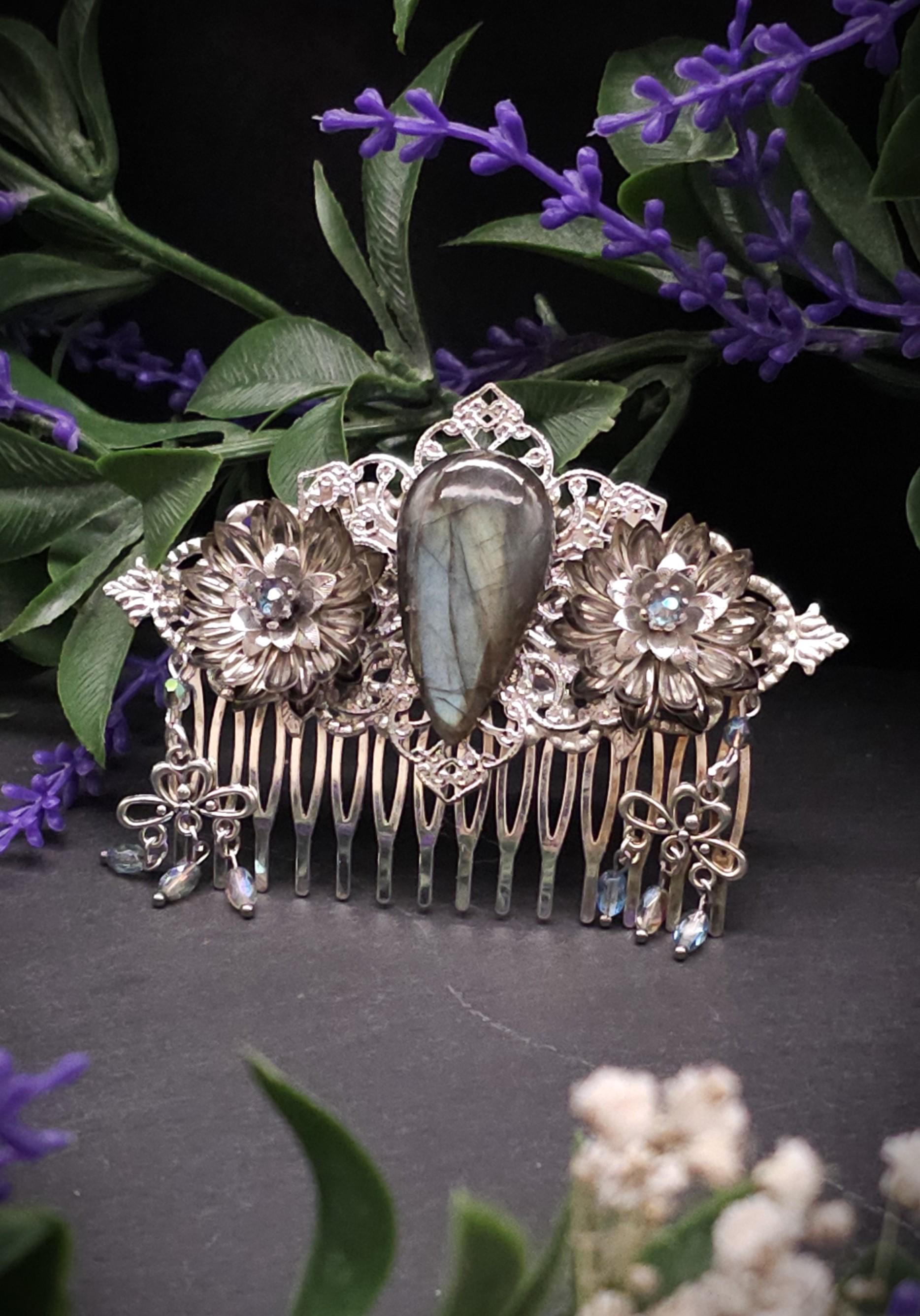 Dekorativer Haarkamm mit Labradorit, Fantasy & Vintage Kopfschmuck