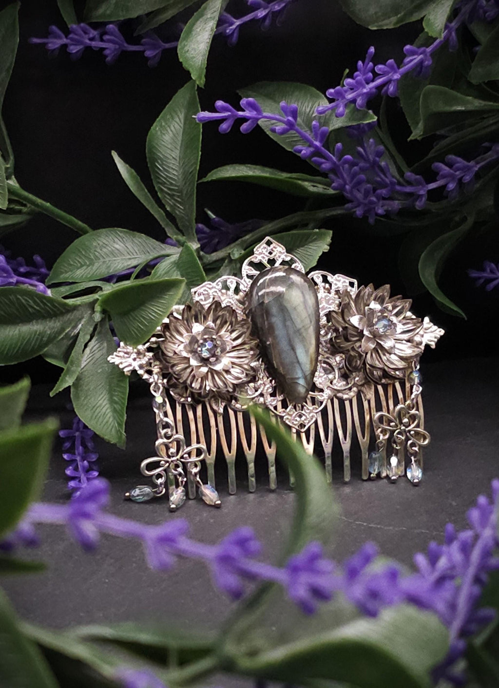 Dekorativer Haarkamm mit Labradorit, Fantasy & Vintage Kopfschmuck