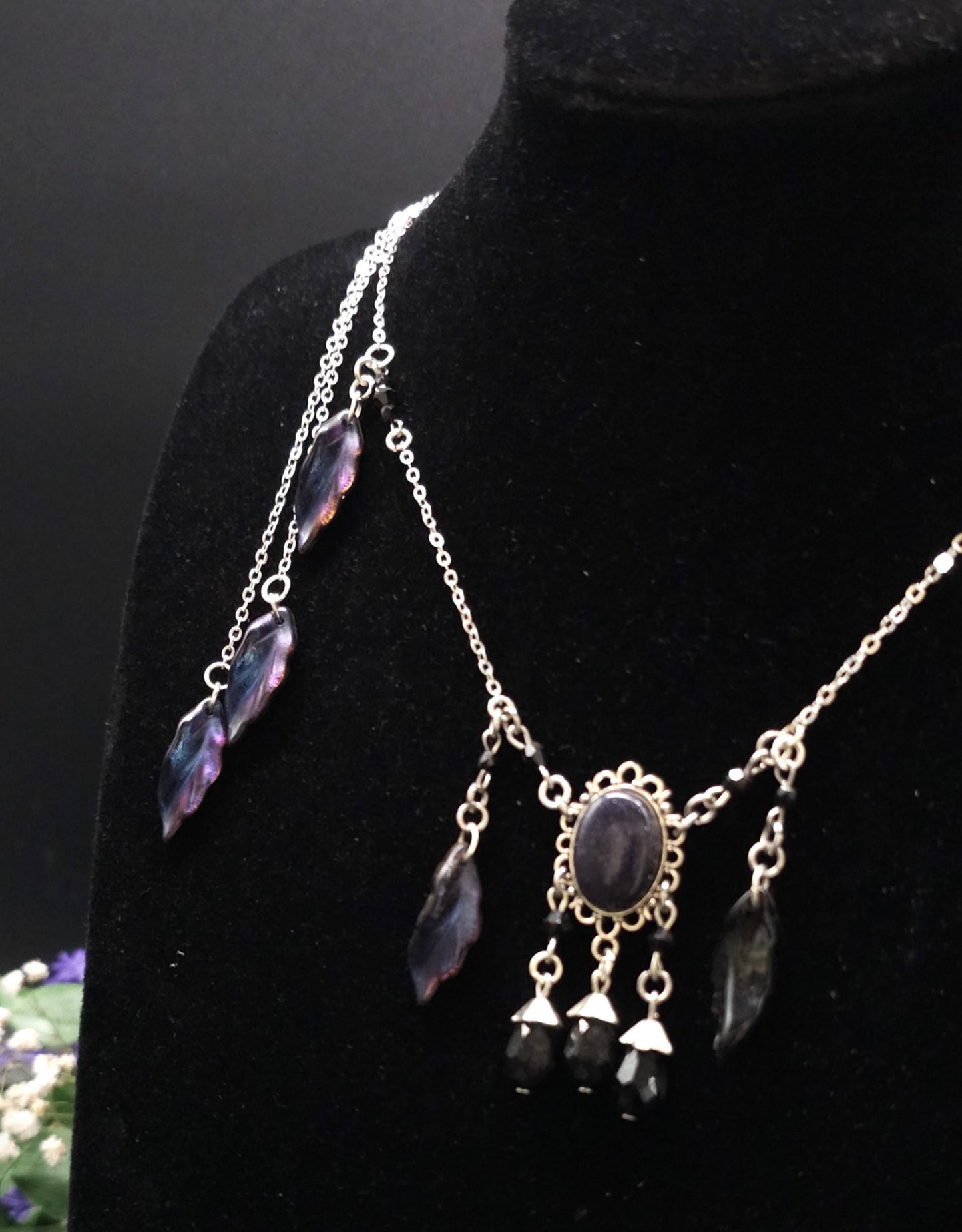 Elfen Halskette mit Blaufluss Cabochon ~ Fantasy Headpiece Silber ~ Blatt Schmuck ~ LARP Accessoire ~ Dark Fairy Necklace