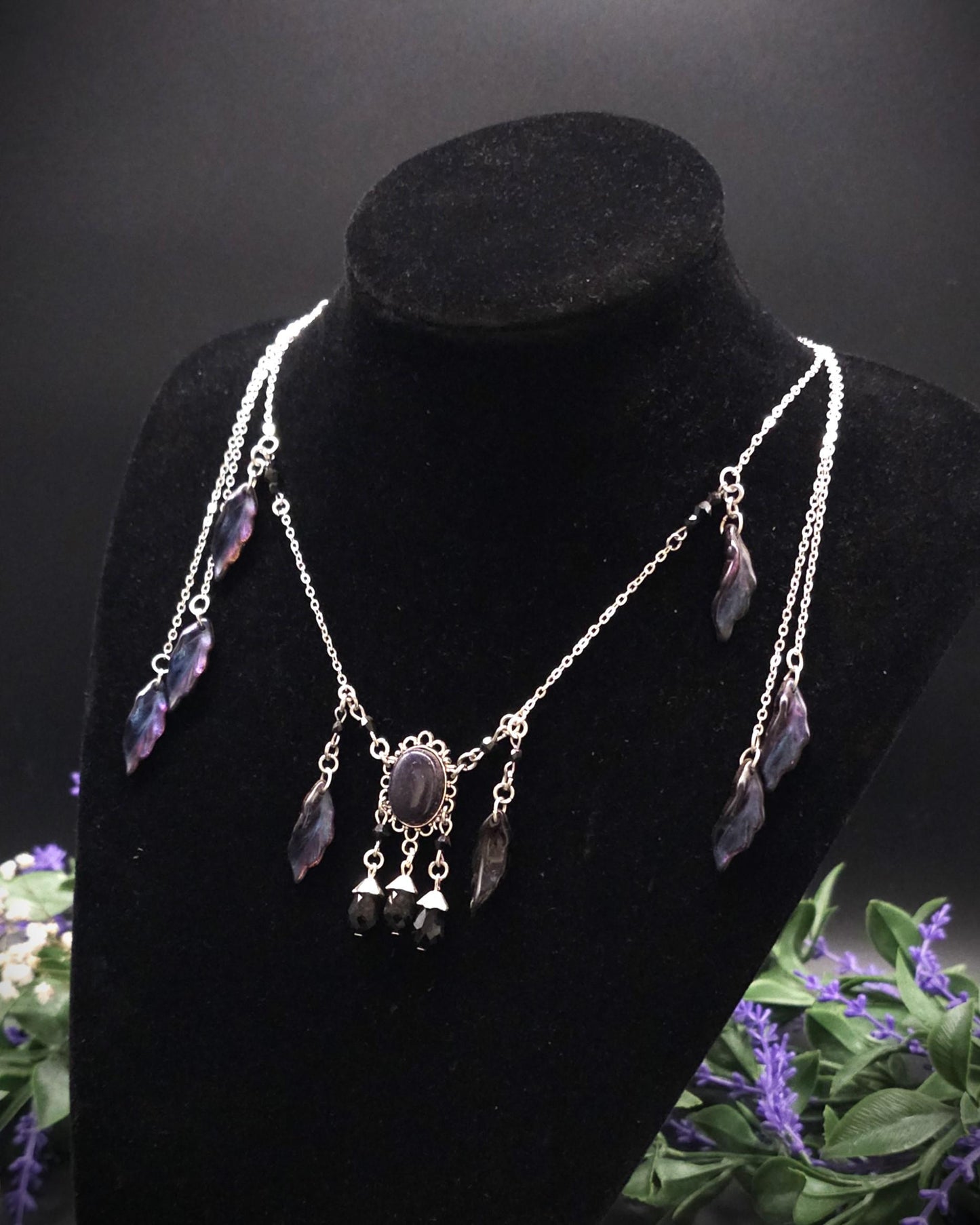 Elfen Halskette mit Blaufluss Cabochon ~ Fantasy Headpiece Silber ~ Blatt Schmuck ~ LARP Accessoire ~ Dark Fairy Necklace
